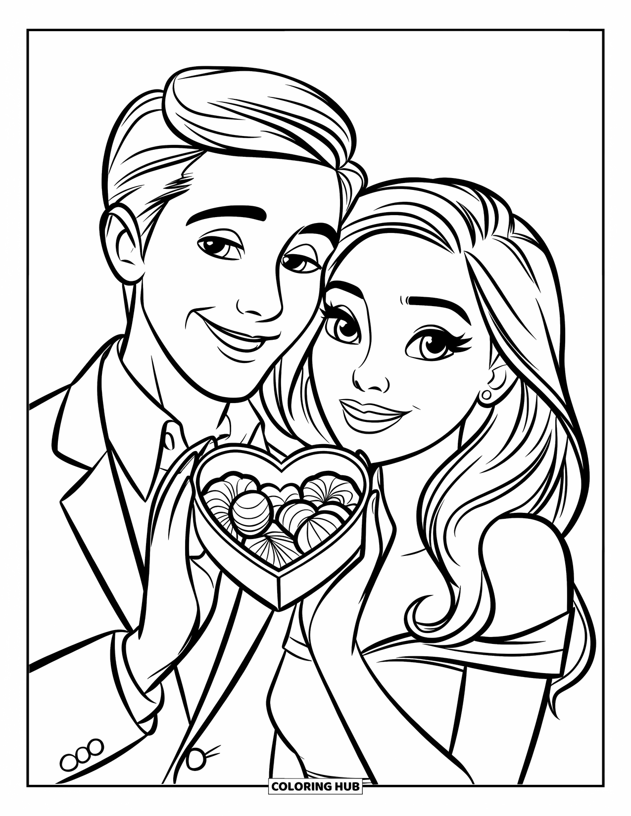 Couple Coloring Page for Kids: A smiling couple holds a tiny heart-shaped candy box together