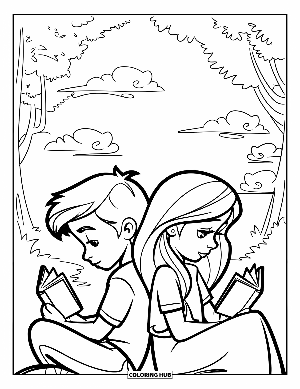 Couple Coloring Page for Kids: Back-to-back readers sit in nature, enjoying books under a peaceful sky