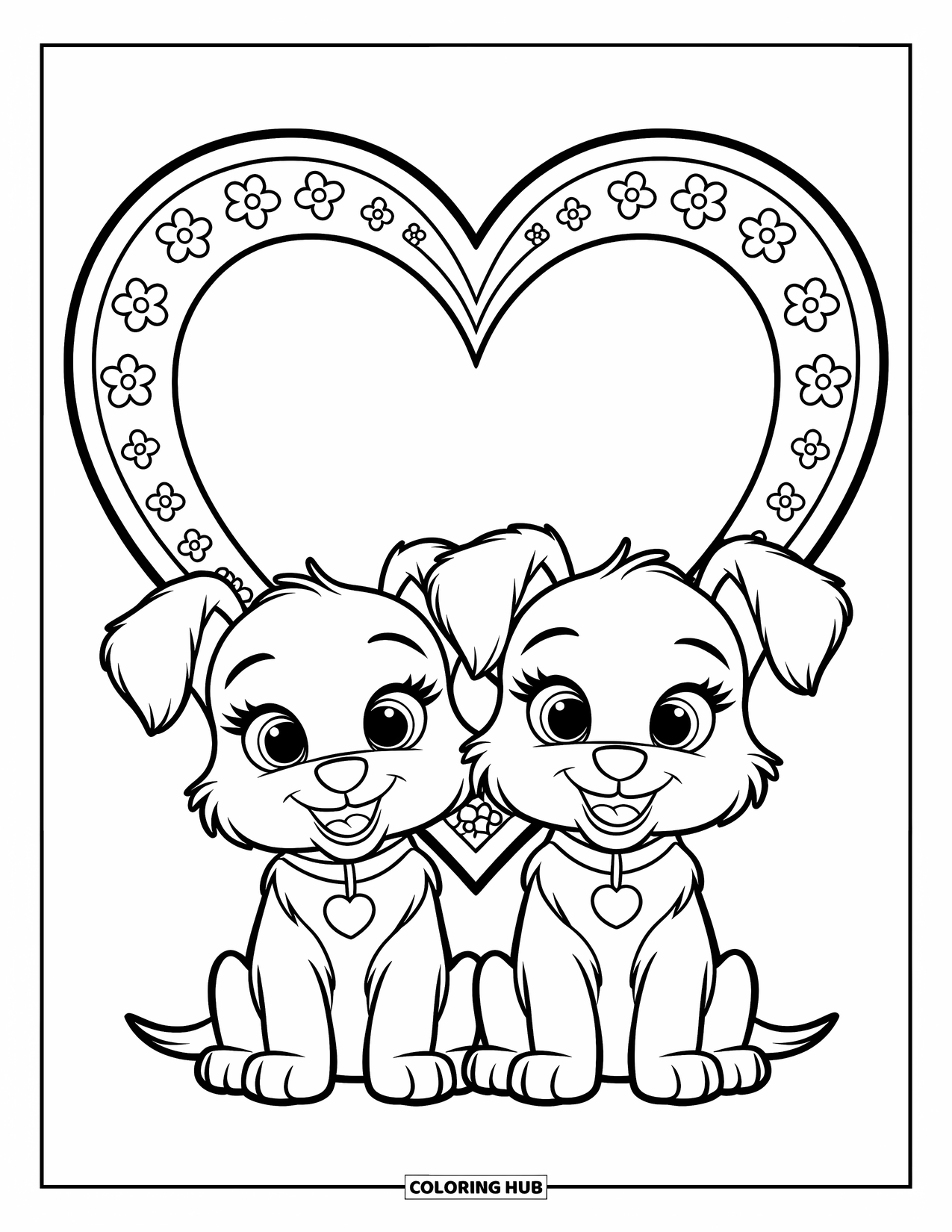 Couple Coloring Page for Kids: Fluffy puppies with big eyes sit under a floral heart, wearing tiny collars