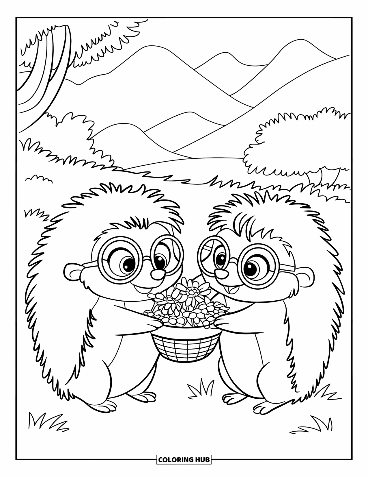 Couple Coloring Page for Kids: Hedgehogs with glasses share a flower basket in a peaceful mountain setting