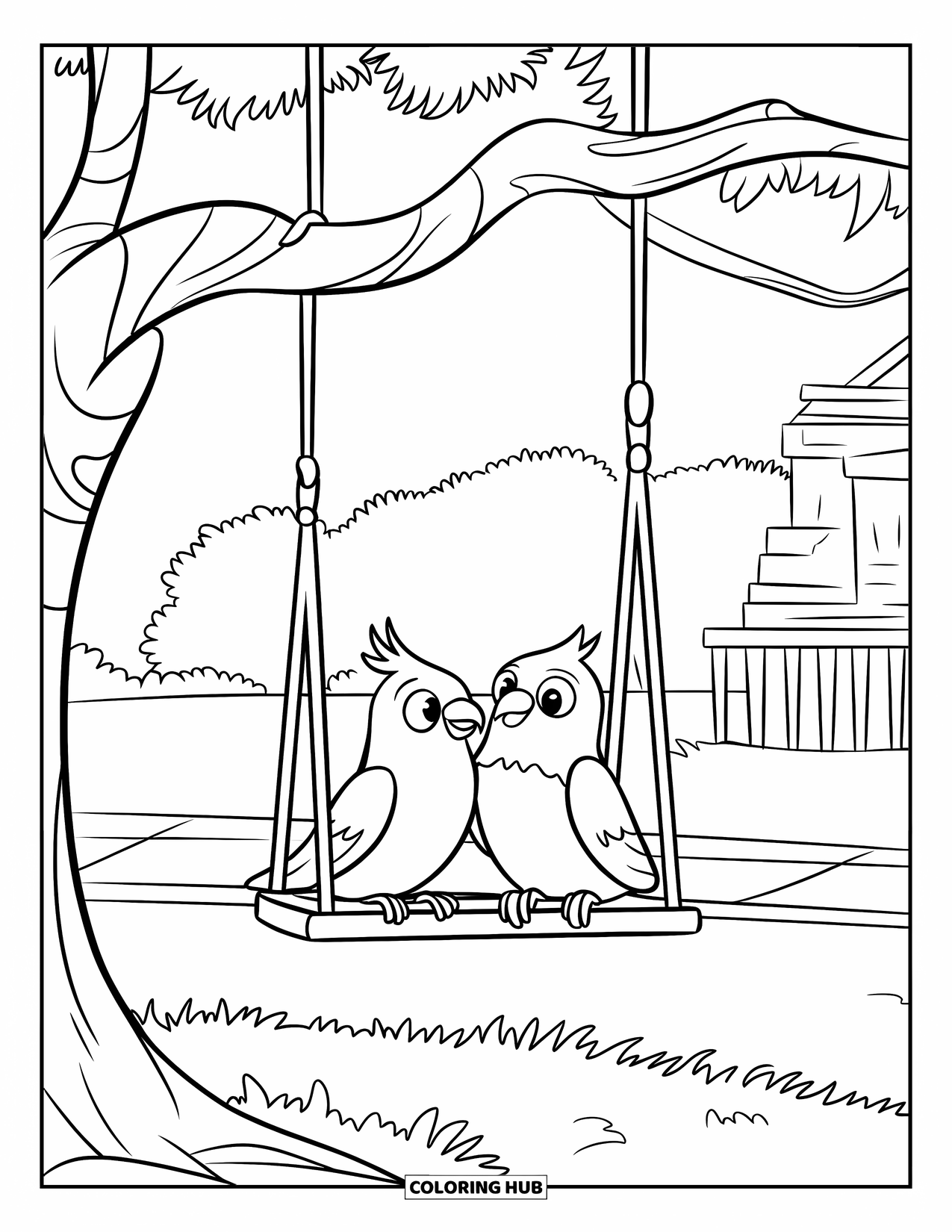 Couple Coloring Page for Kids: Lovebirds swing from a tree branch in a quiet park with a building nearby