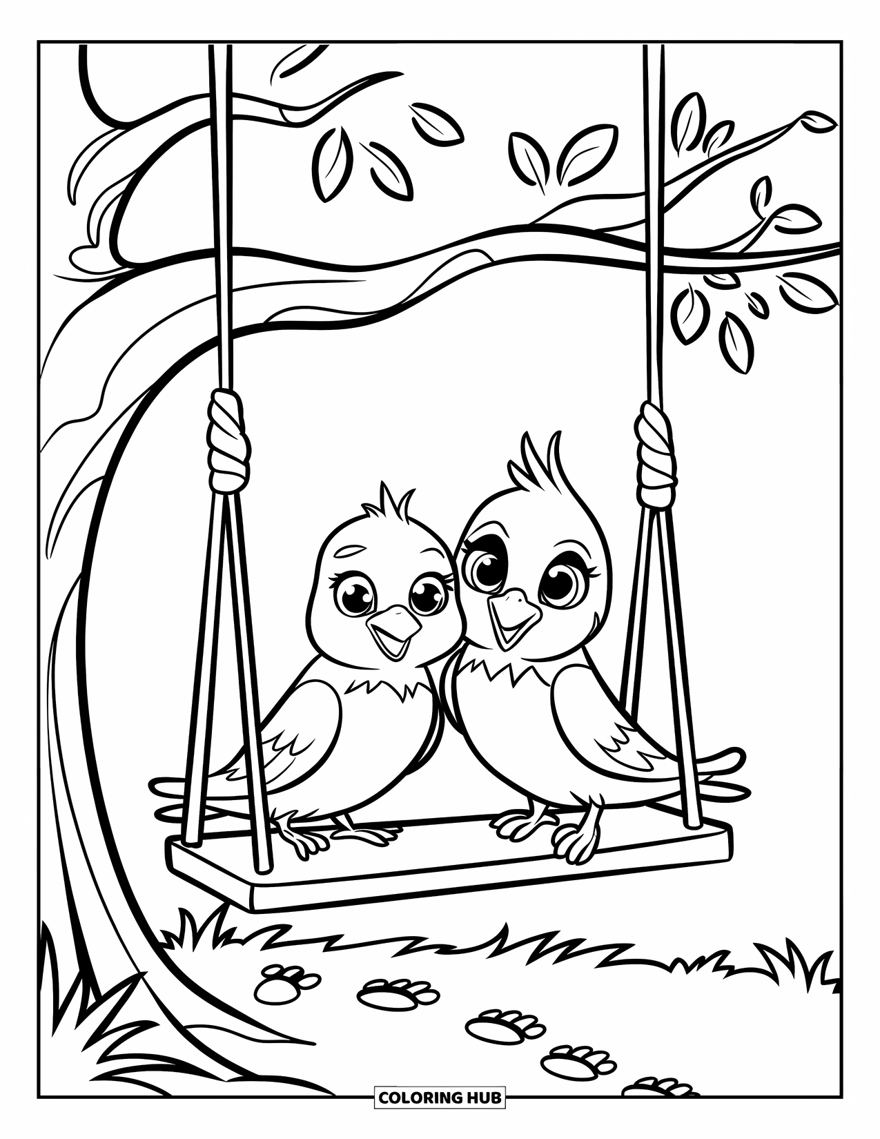 Couple Coloring Page for Kids: Lovebirds with big eyes swing under a tree with footprints on the grass