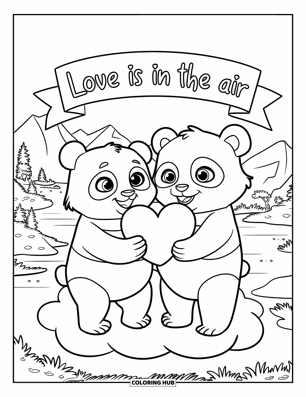 Couple Coloring Page for Kids: Pandas hold a heart on a cloud with a banner that says "Love is in the air"