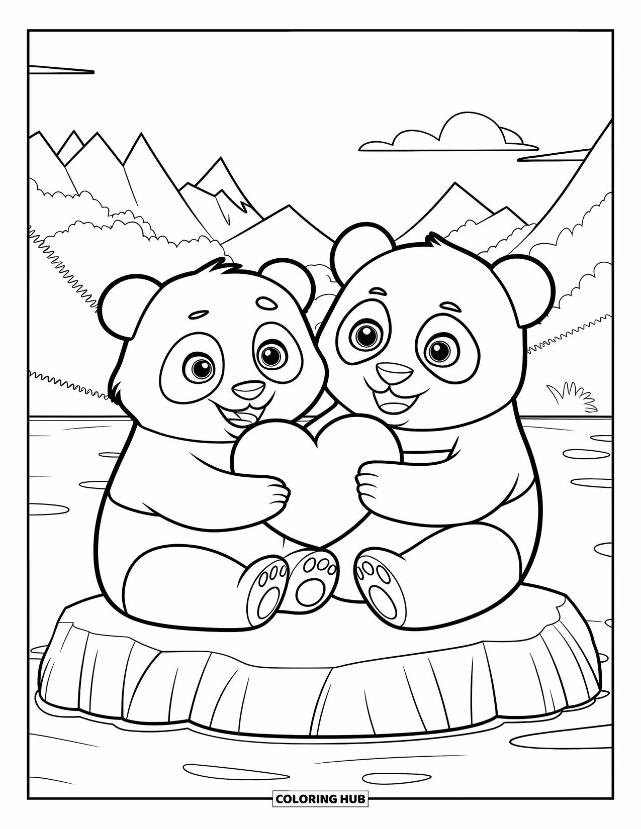 Couple Coloring Page for Kids: Pandas sit on a rock in a quiet lake, holding a heart together