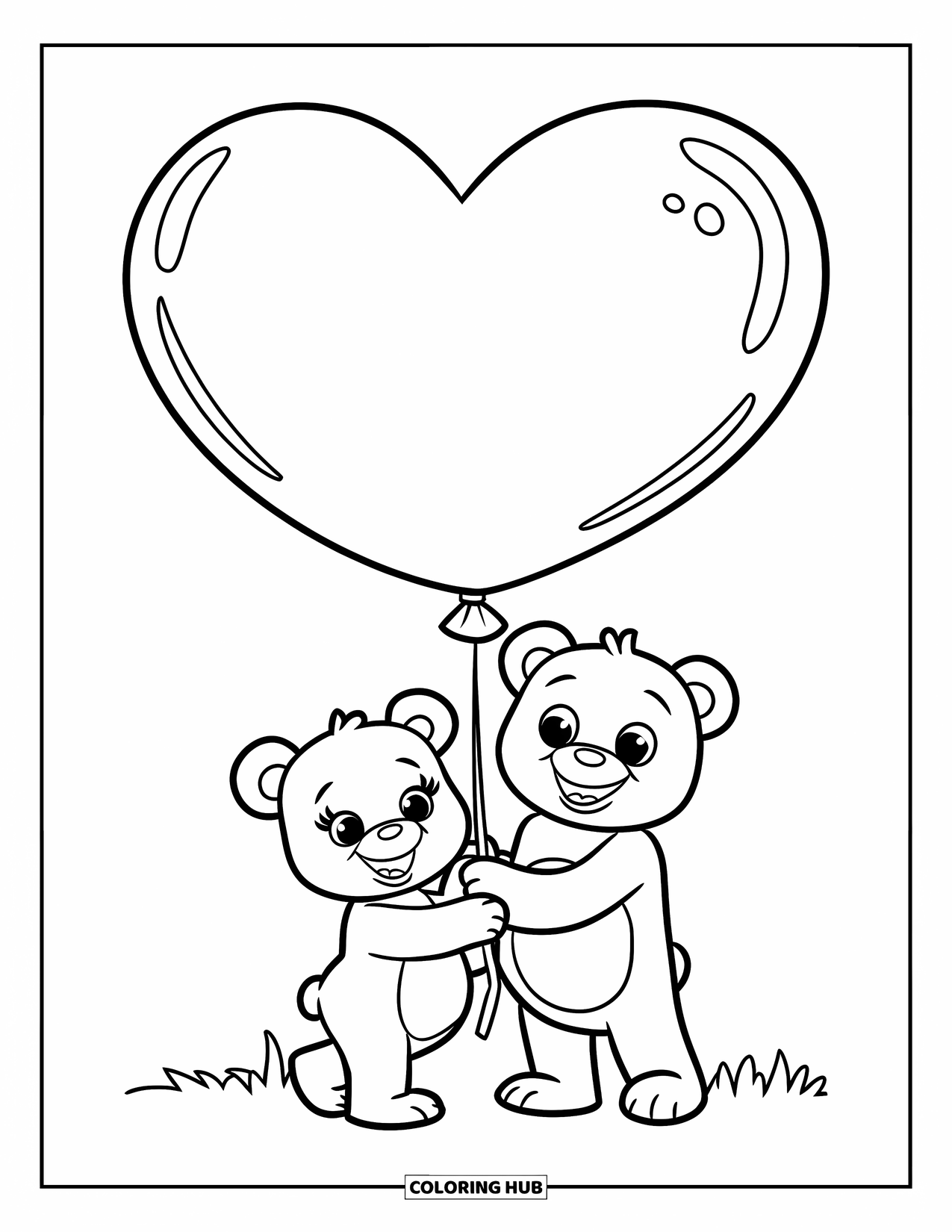 Couple Coloring Page for Kids: Two bears stand on grass holding a heart balloon under a sky with clouds