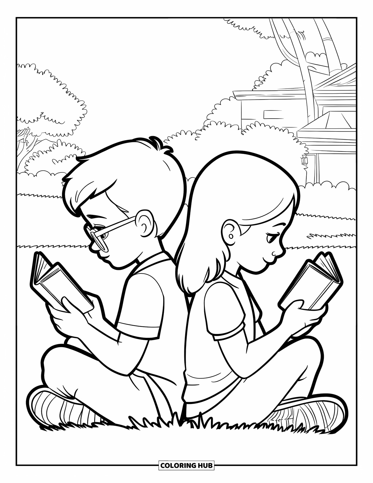 Couple Coloring Page for Kids: Two kids read books back-to-back on a grassy field with trees and a building