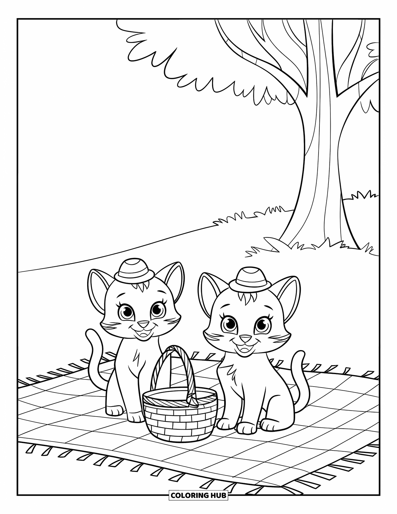 Couple Coloring Page for Kids: Two kittens in hats sit on a picnic blanket with a basket near a tree