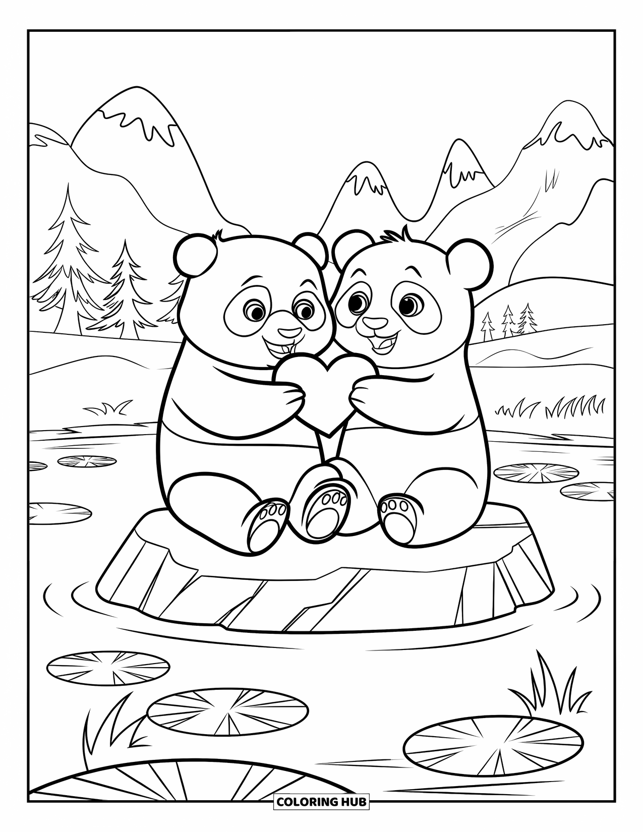Couple Coloring Page for Kids: Two pandas sit on a rock in a lake, holding a heart between them