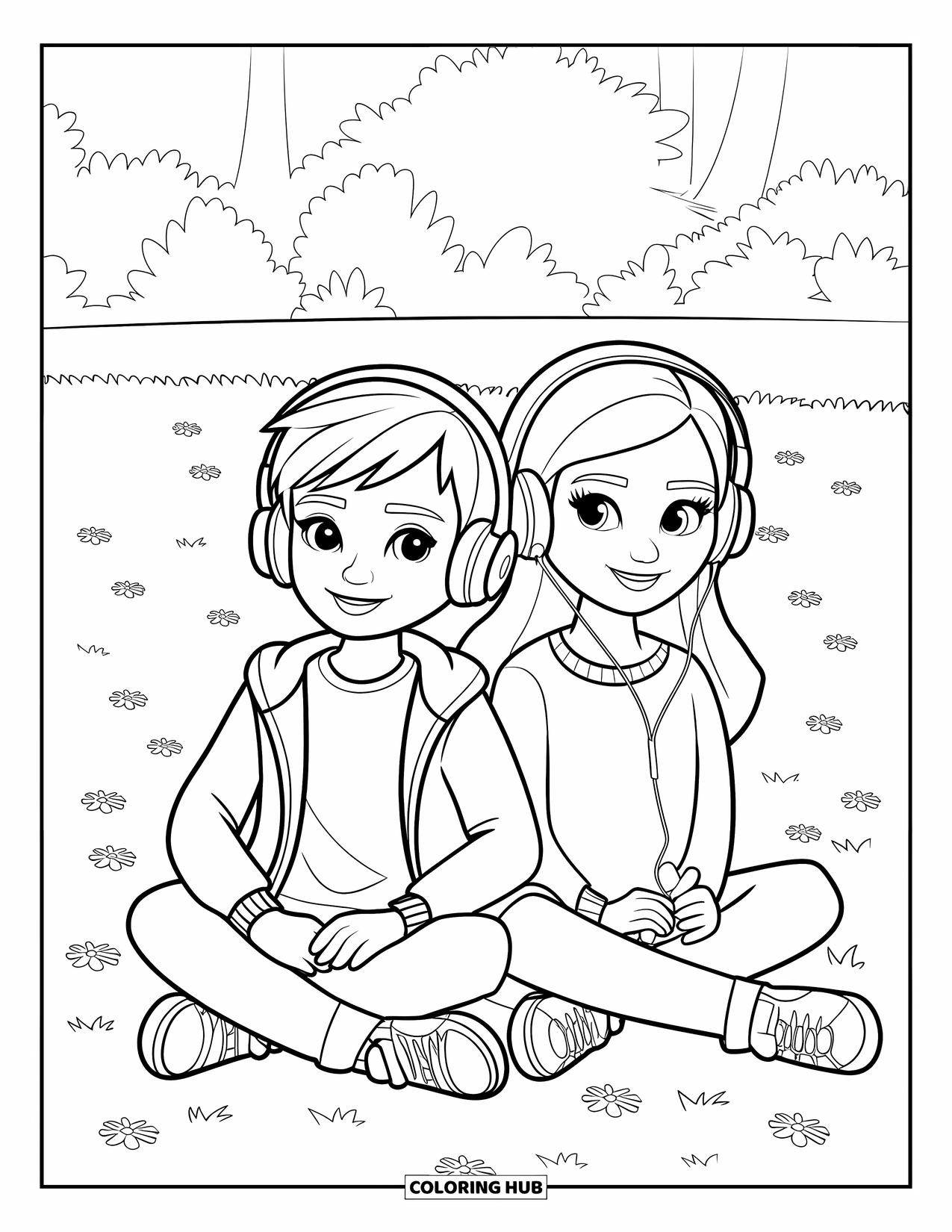Couple Coloring Page for Kids: Two teens relax on a field with headphones, enjoying music and flowers