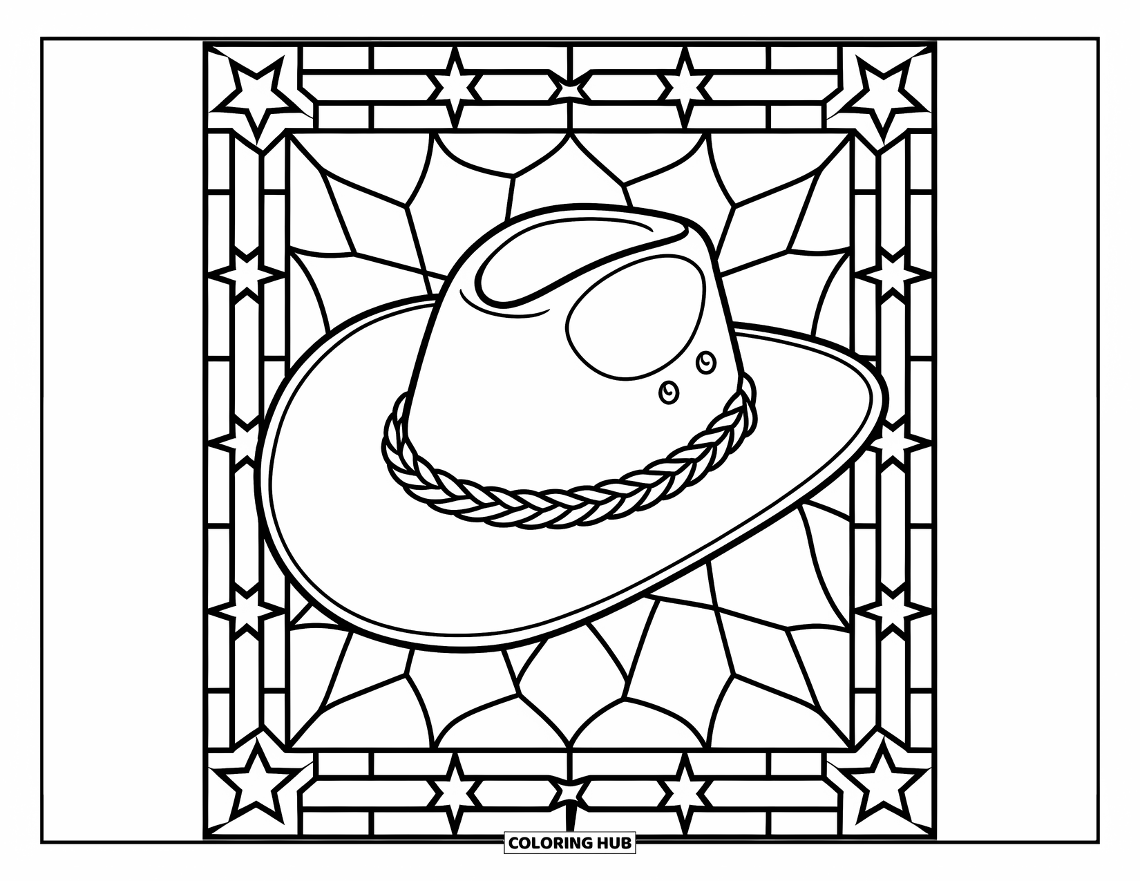 Cowboy Hat Preppy Coloring Page for Adults: A braided-band cowboy hat sits inside a stained glass grid of stars