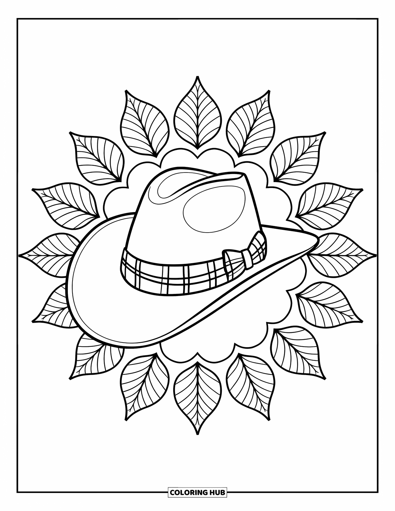 Cowboy Hat Preppy Coloring Page for Adults: A cowboy hat with a plaid ribbon sits inside leafy mandala designs