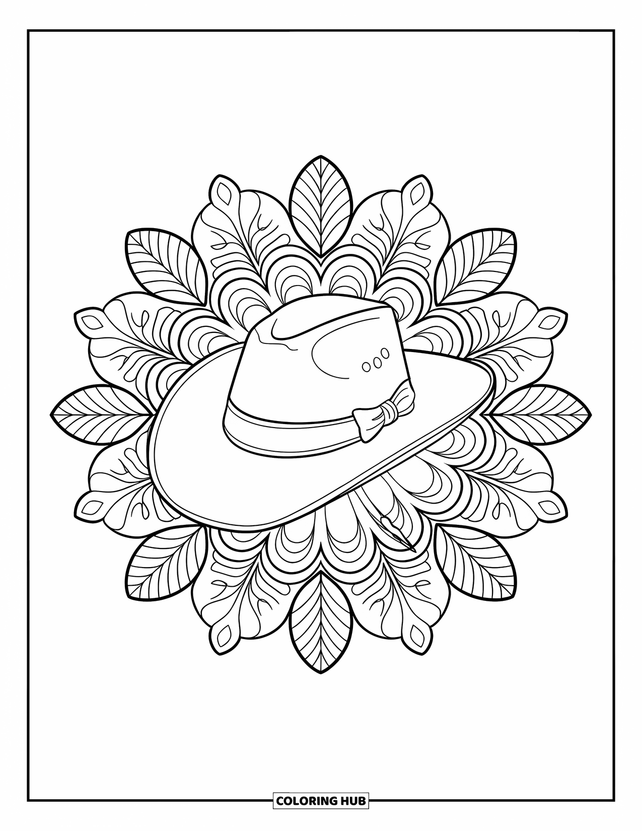 Cowboy Hat Preppy Coloring Page for Adults: A cowboy hat with a ribbon bow is centered in a floral mandala