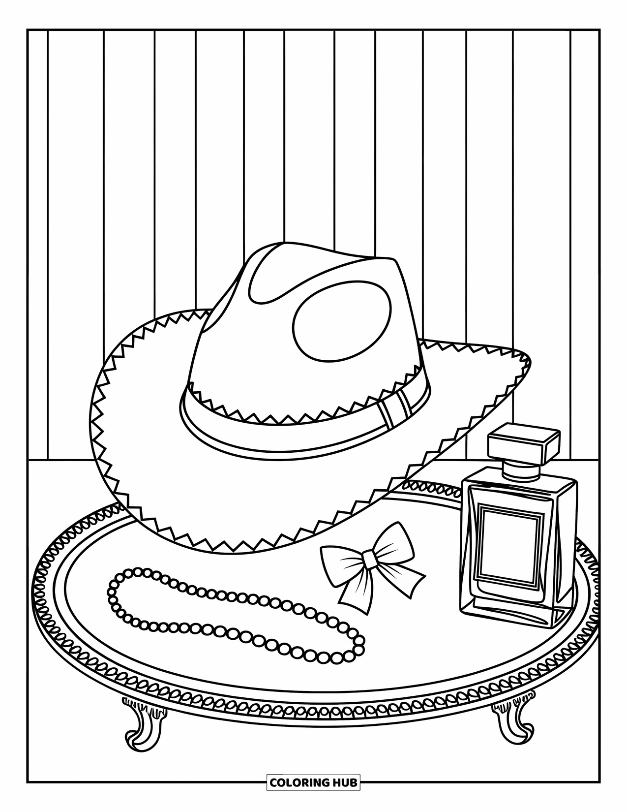Cowboy Hat Preppy Coloring Page for Adults: A cowboy hat with a scalloped ribbon sits on a vanity tray with pearls