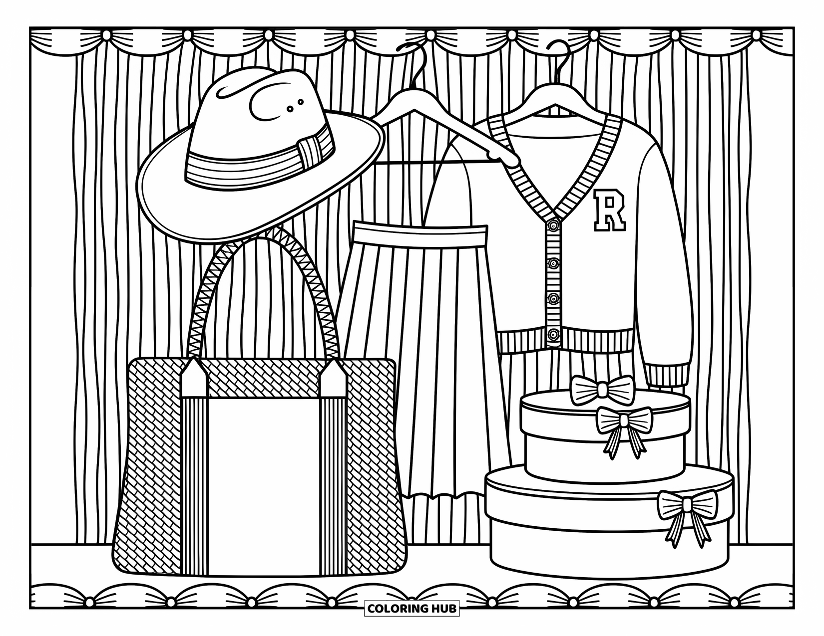 Cowboy Hat Preppy Coloring Page for Adults: A cowboy hat with a striped ribbon rests on a woven tote handle