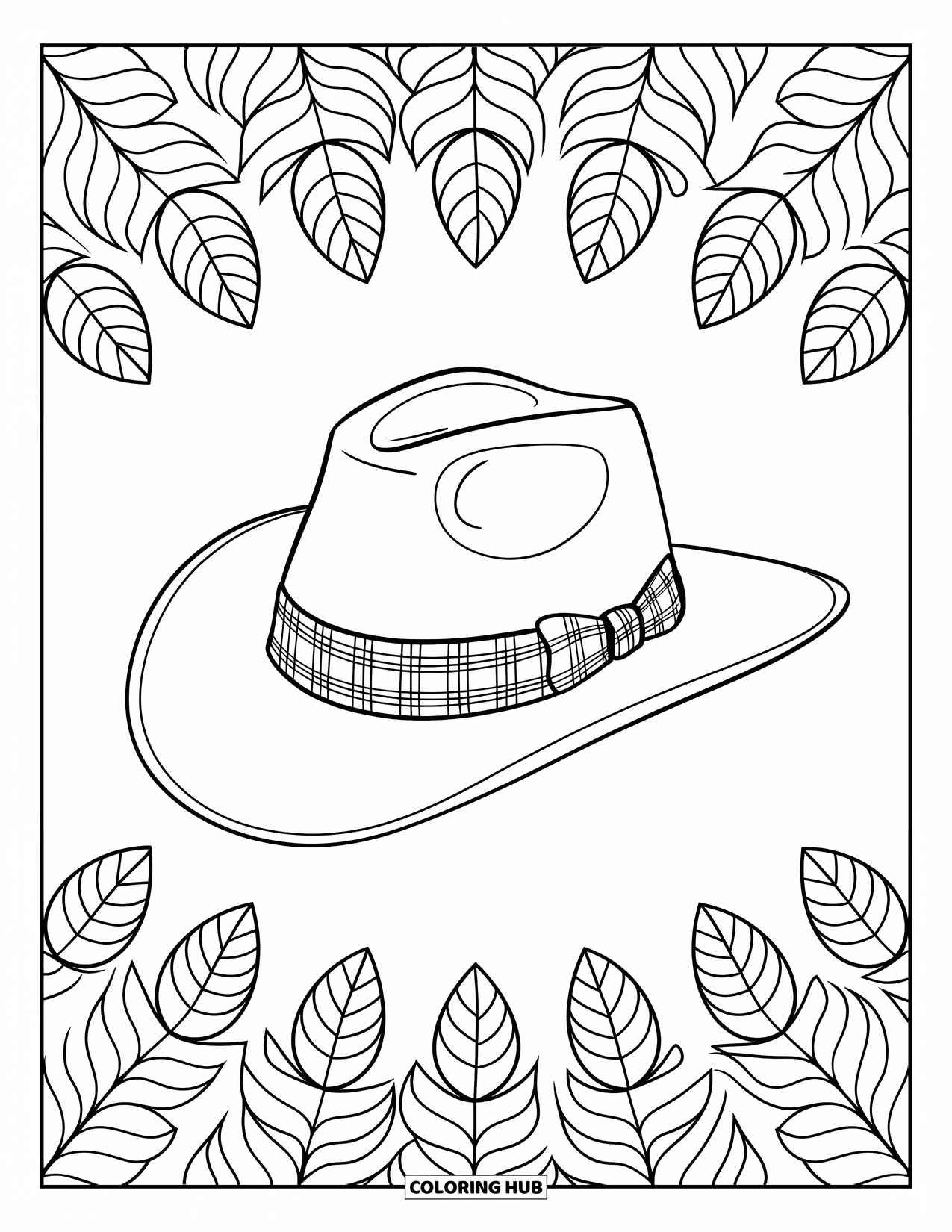 Cowboy Hat Preppy Coloring Page for Adults: A cowboy hat with plaid ribbon is framed by leafy mandala outlines