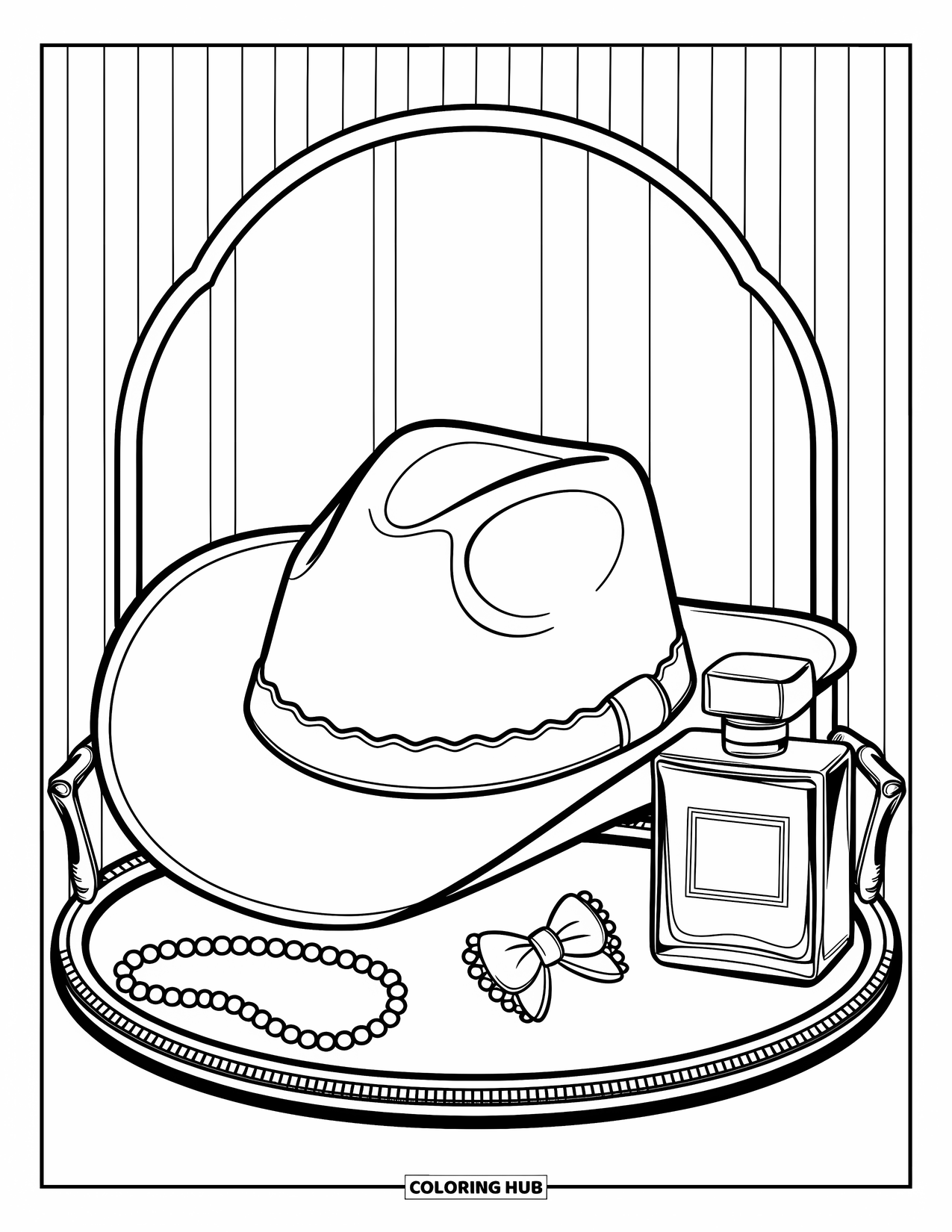 Cowboy Hat Preppy Coloring Page for Adults: A cowboy hat with scalloped ribbon sits on a vanity tray with perfume and pearls