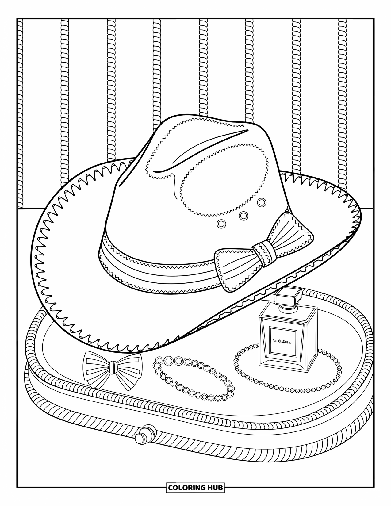Cowboy Hat Preppy Coloring Page for Adults: A scalloped-ribbon cowboy hat rests among pearls, perfume, and bow accessories