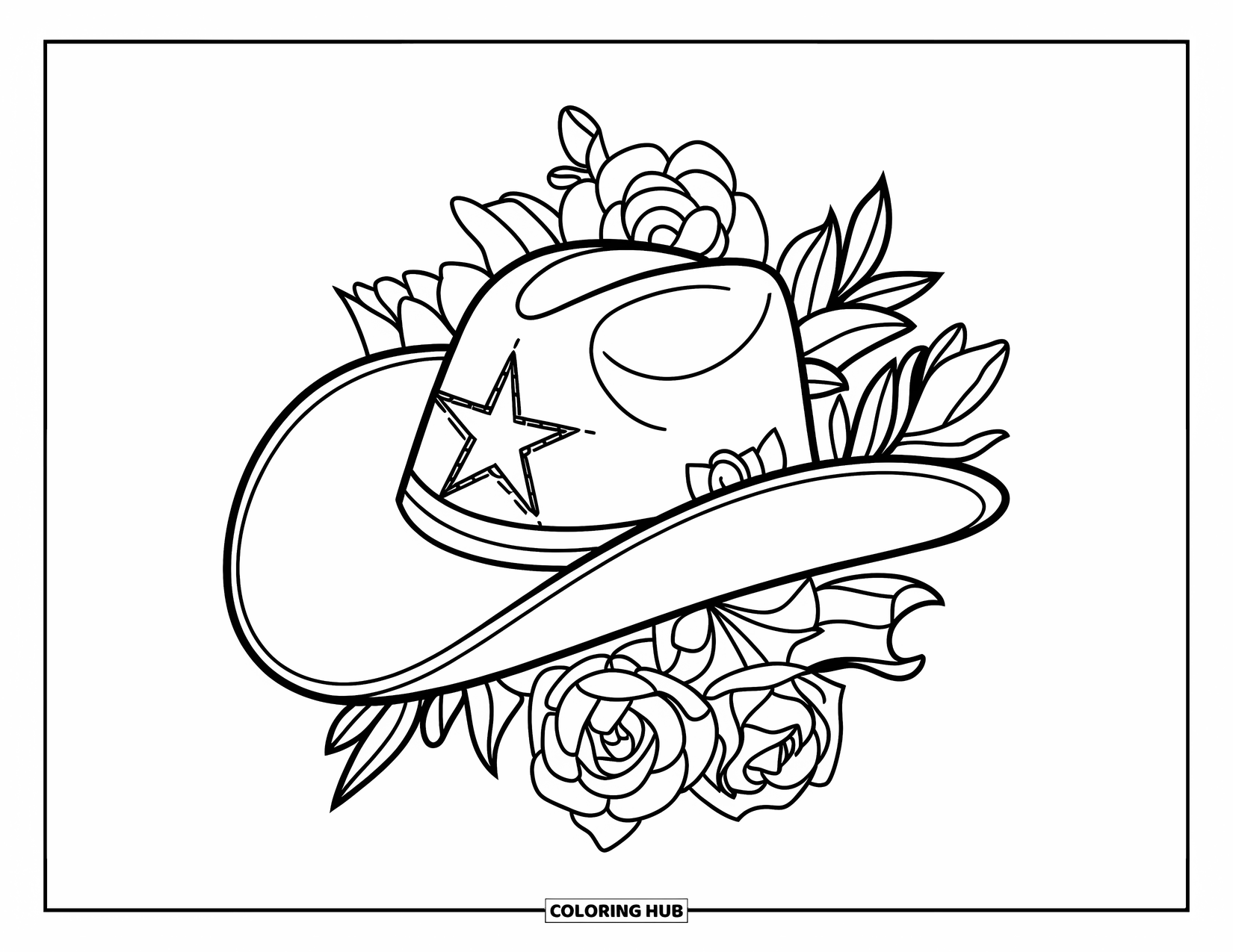 Cowboy Hat Preppy Coloring Page for Adults: A stitched-star cowboy hat is framed by roses and lilies on a plain background