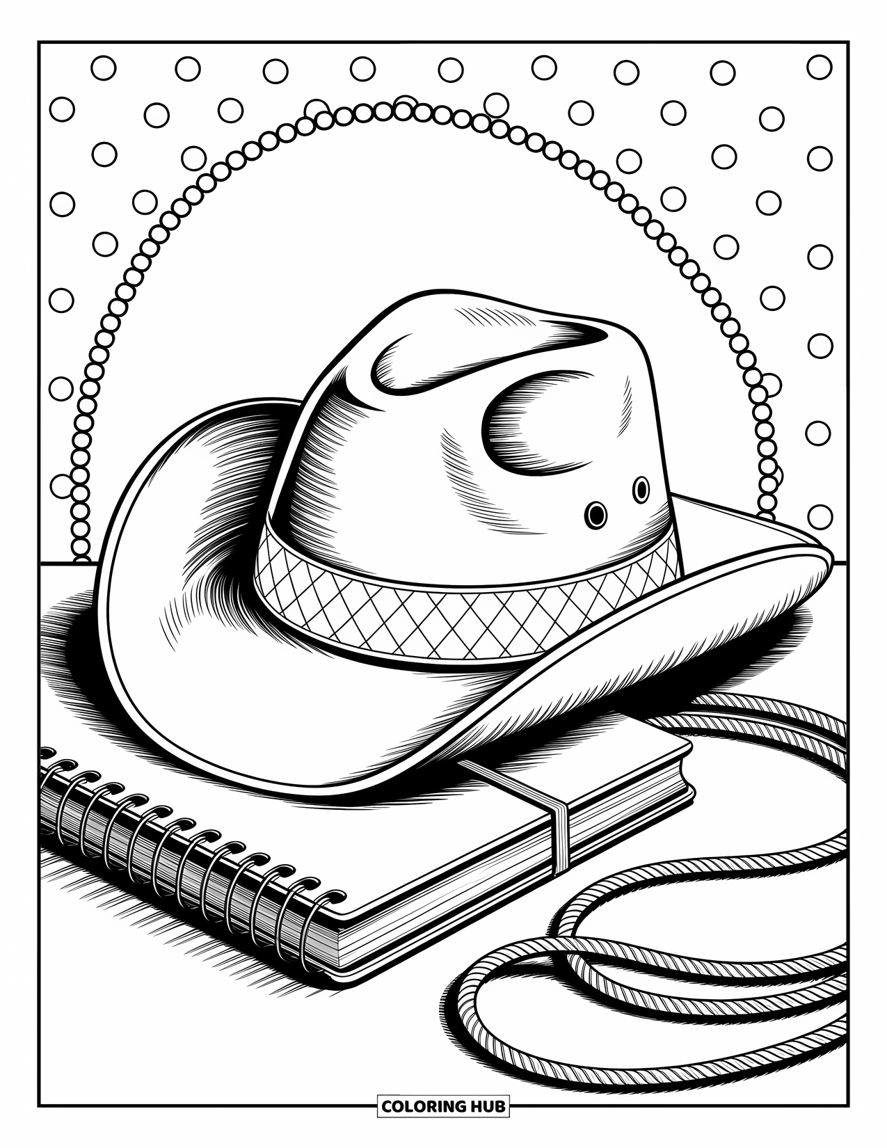 Cowboy Hat Preppy Coloring Page for Adults: An argyle-banded cowboy hat rests on a desk with notebooks and playful polka dots