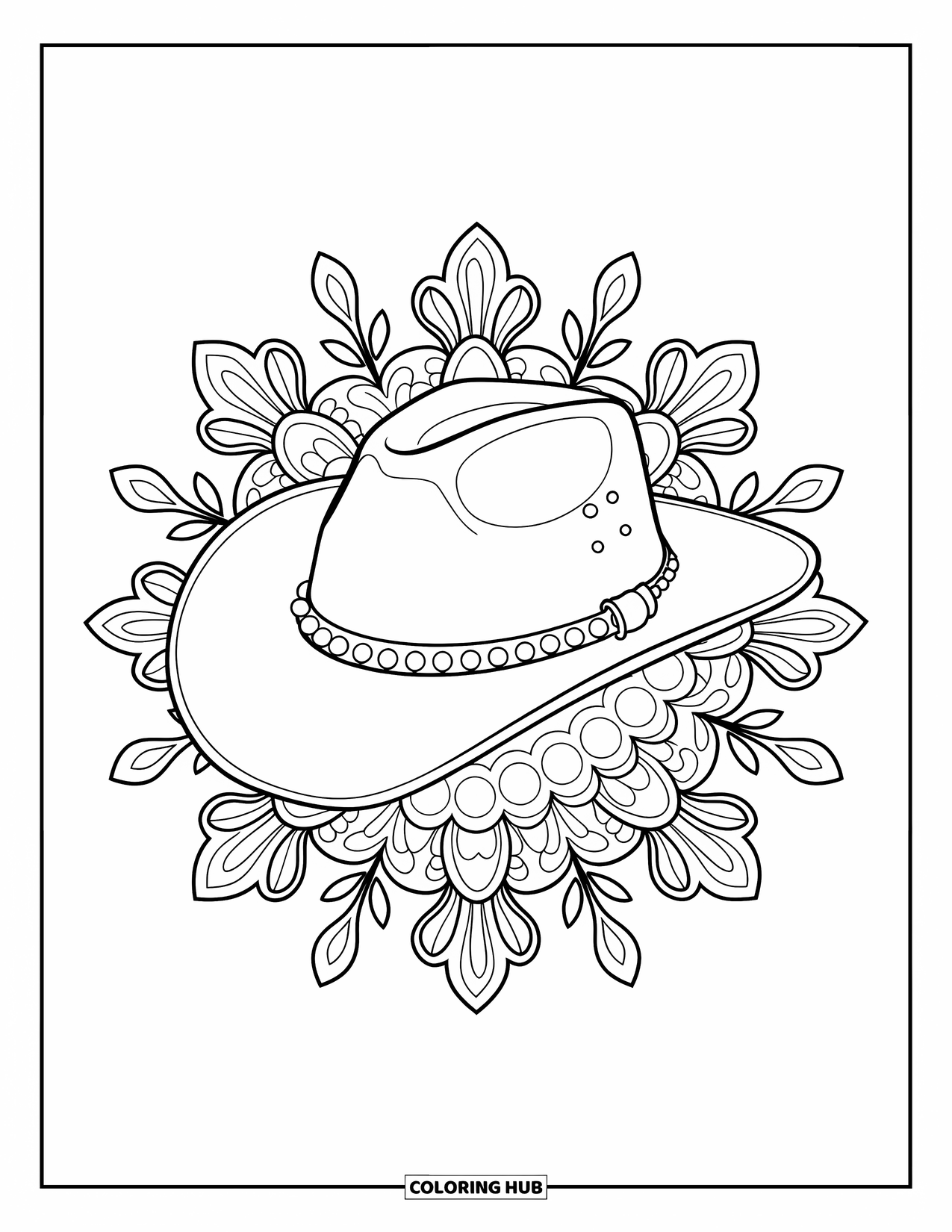 Cowboy Hat Preppy Coloring Page for Adults: Pearl-accented cowboy hat rests inside detailed floral mandalas