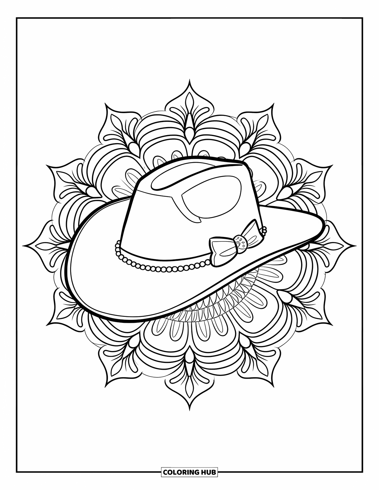 Cowboy Hat Preppy Coloring Page for Adults: Pearl-banded cowboy hat is surrounded by intricate floral mandala patterns