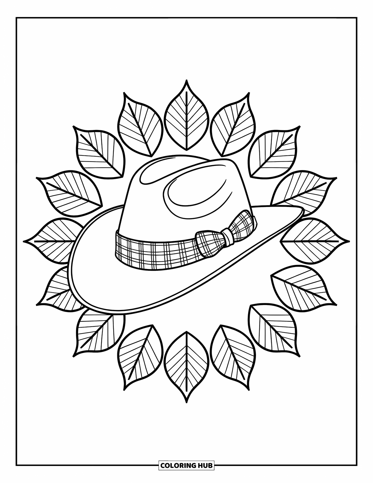 Cowboy Hat Preppy Coloring Page for Adults: Plaid-banded cowboy hat is surrounded by leafy mandala shapes