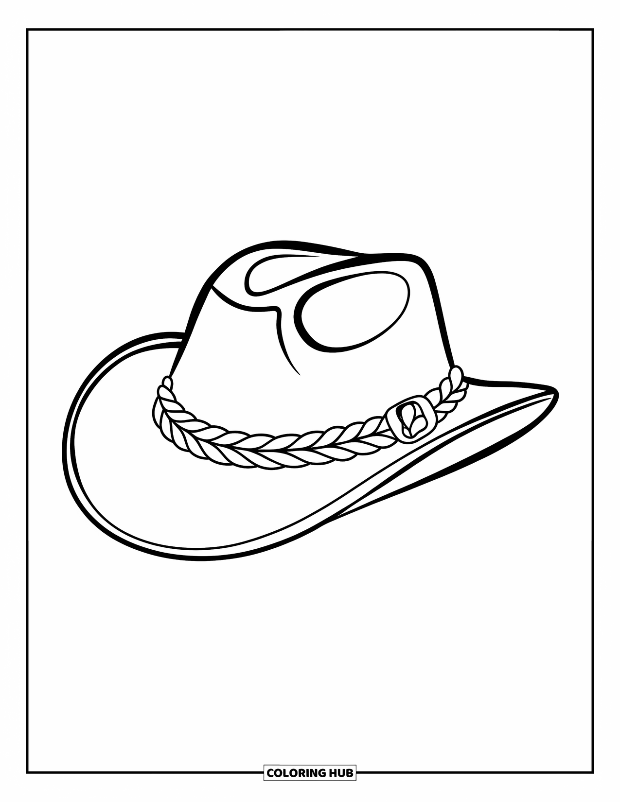 Cowboy Hat Preppy Coloring Page for Kids: A cowboy hat with a braided rope band and buckle sits on white background