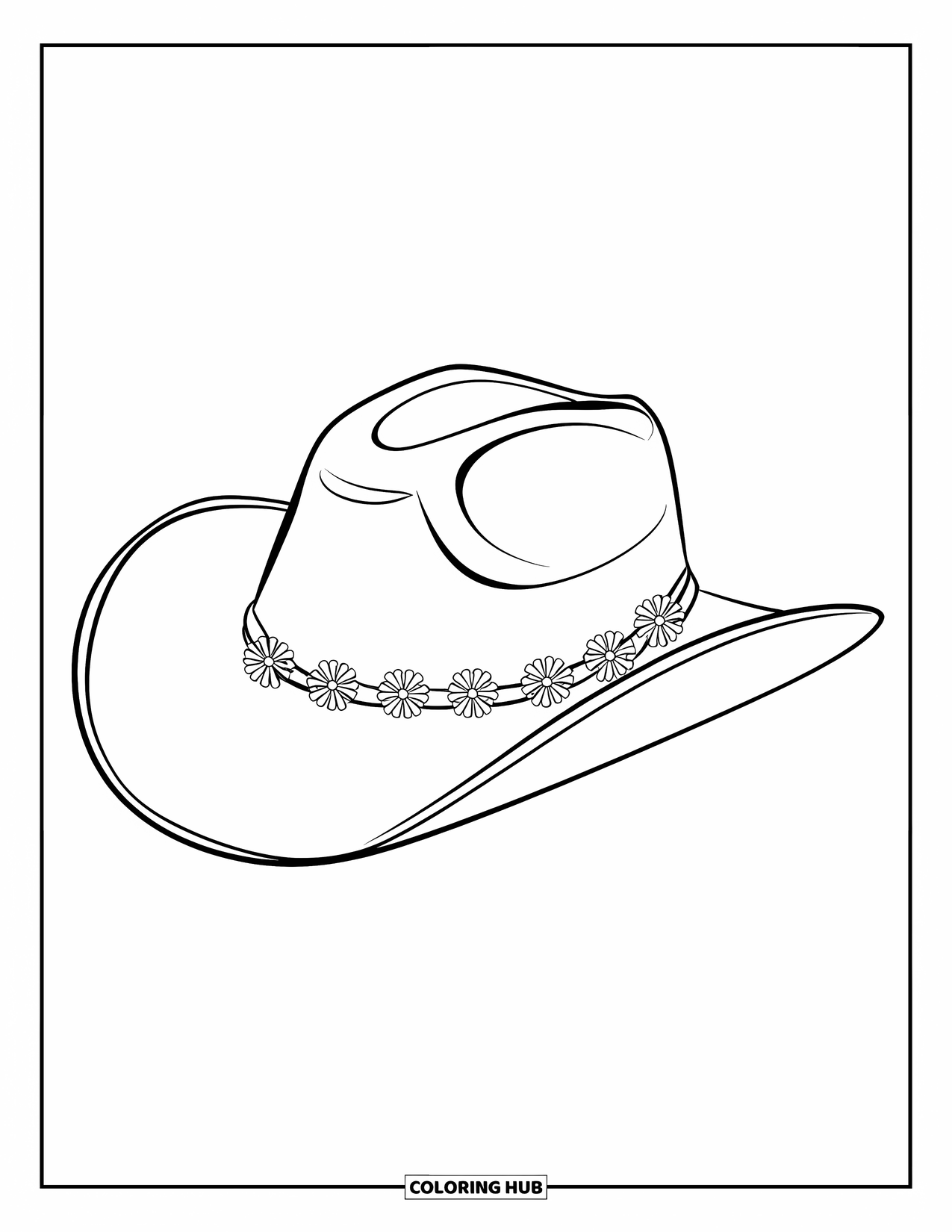 Cowboy Hat Preppy Coloring Page for Kids: A cowboy hat with a delicate floral band sits on a plain background