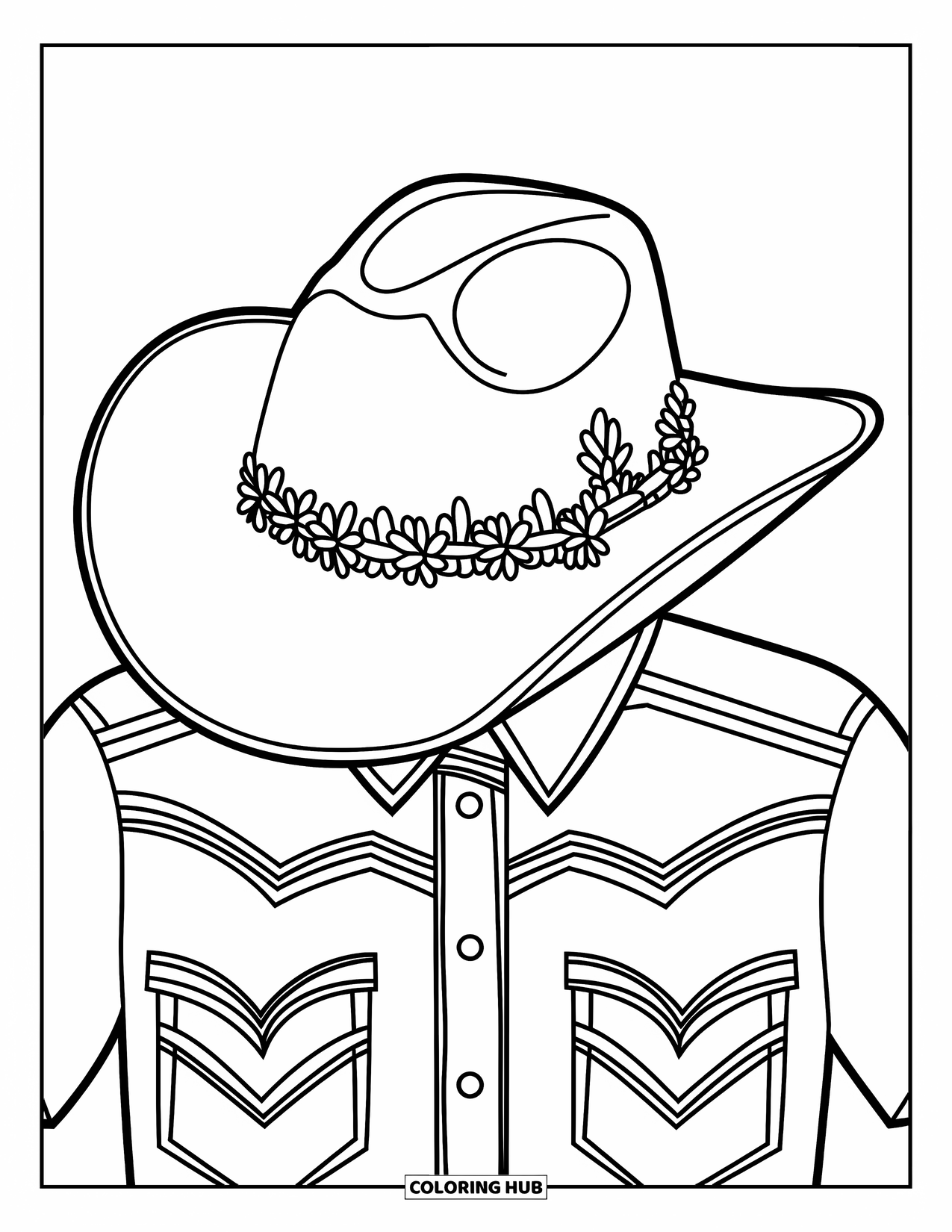 Cowboy Hat Preppy Coloring Page for Kids: A cowboy hat with a floral band rests on a shirt with a collar