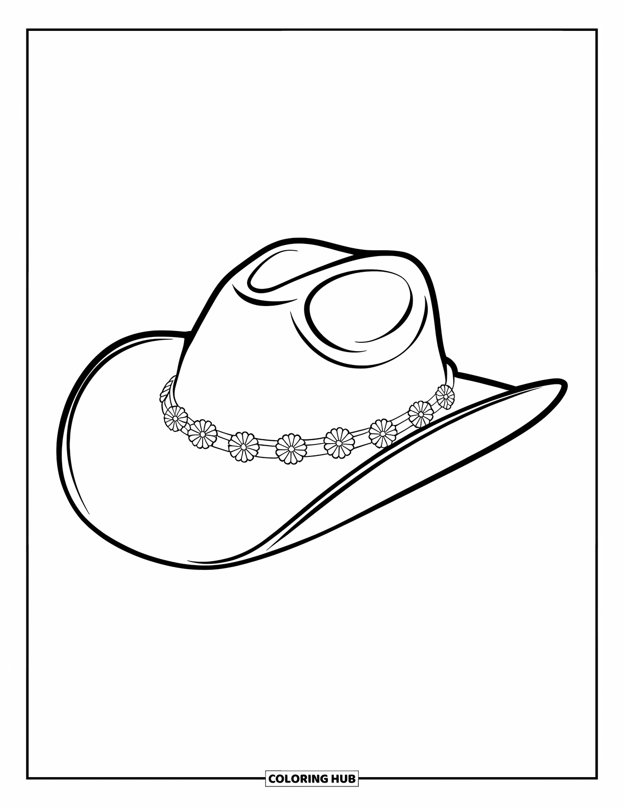 Cowboy Hat Preppy Coloring Page for Kids: A cowboy hat with a floral band rests slightly tilted on a white background