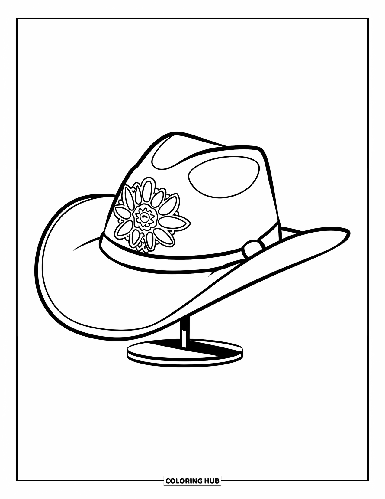 Cowboy Hat Preppy Coloring Page for Kids: A cowboy hat with a floral motif rests on a simple stand