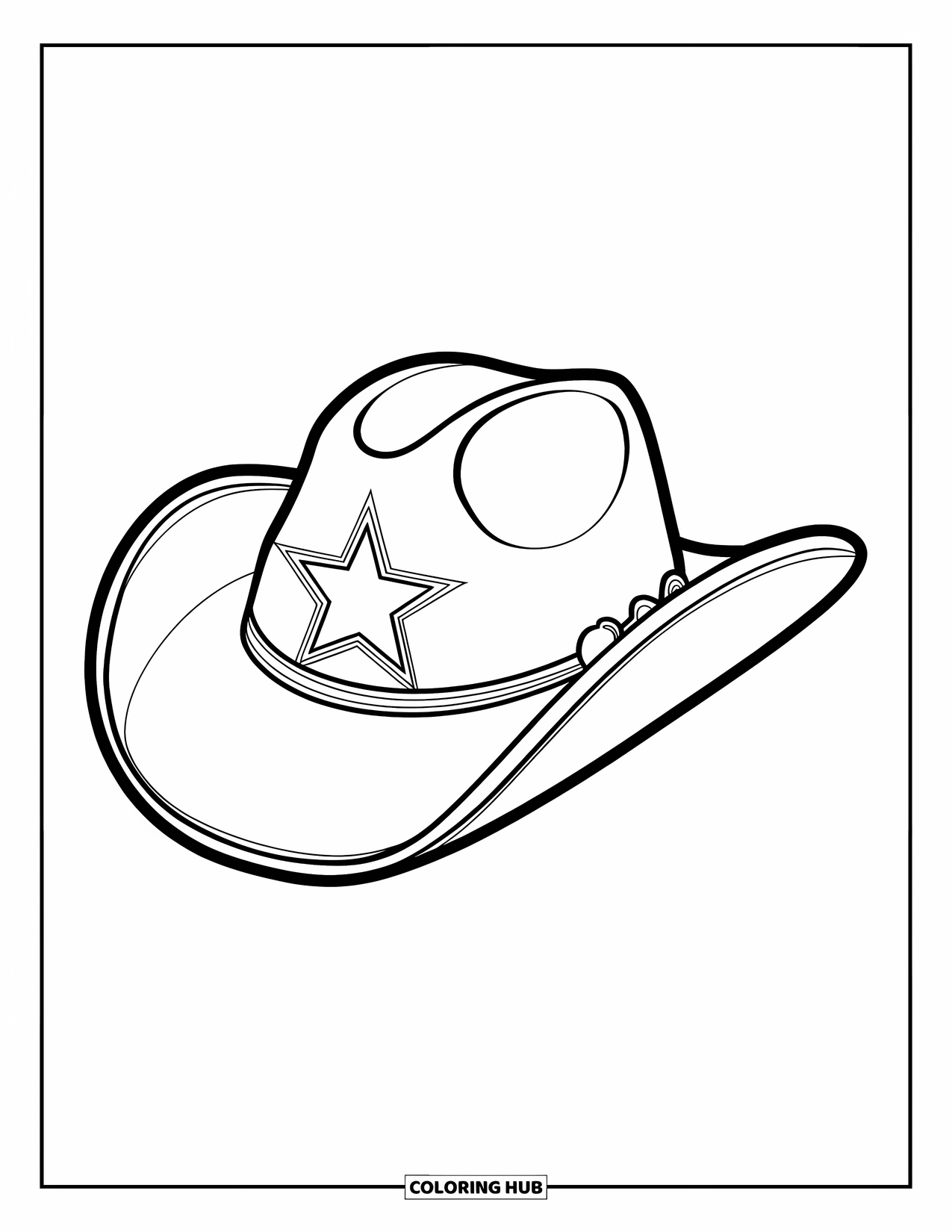 Cowboy Hat Preppy Coloring Page for Kids: A cowboy hat with a large stitched star sits proudly on a plain background
