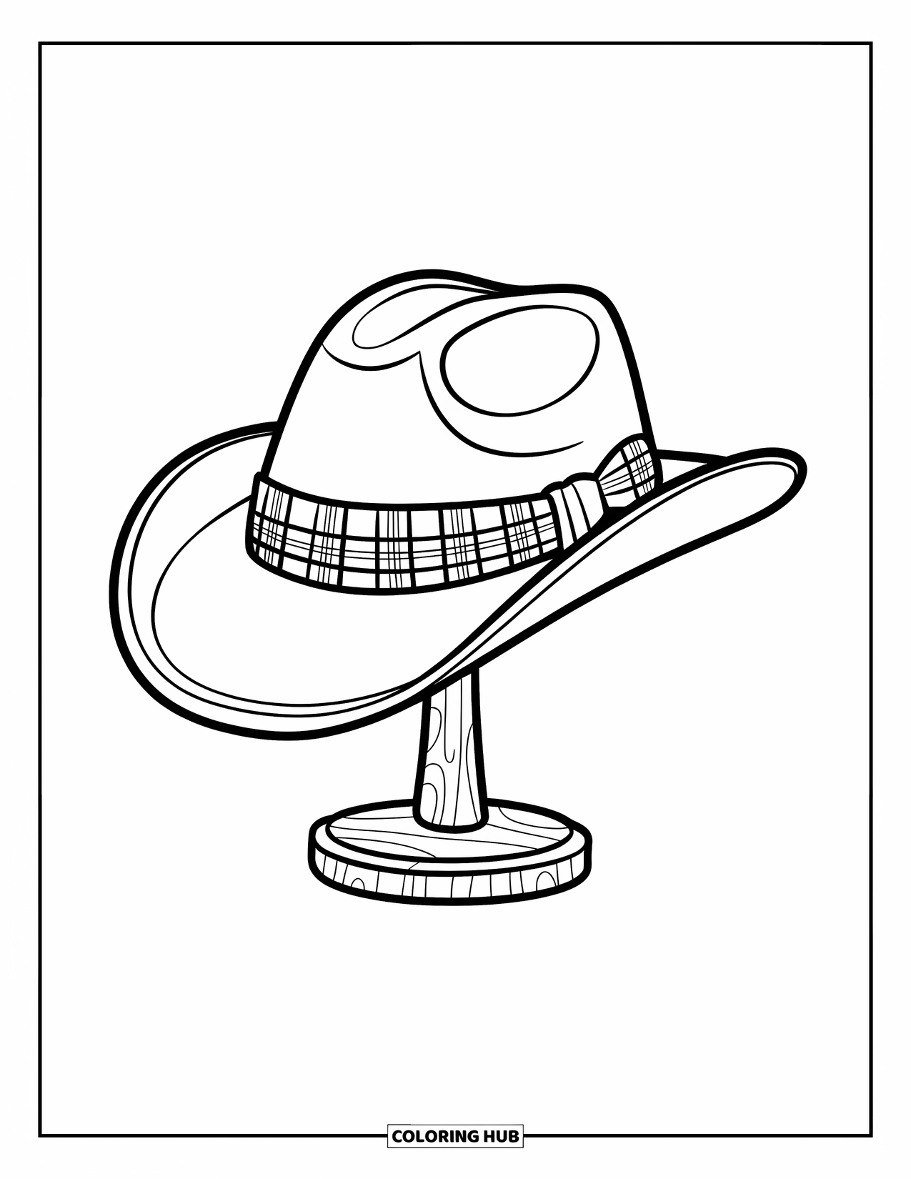 Cowboy Hat Preppy Coloring Page for Kids: A cowboy hat with a plaid ribbon sits neatly on a wooden stand