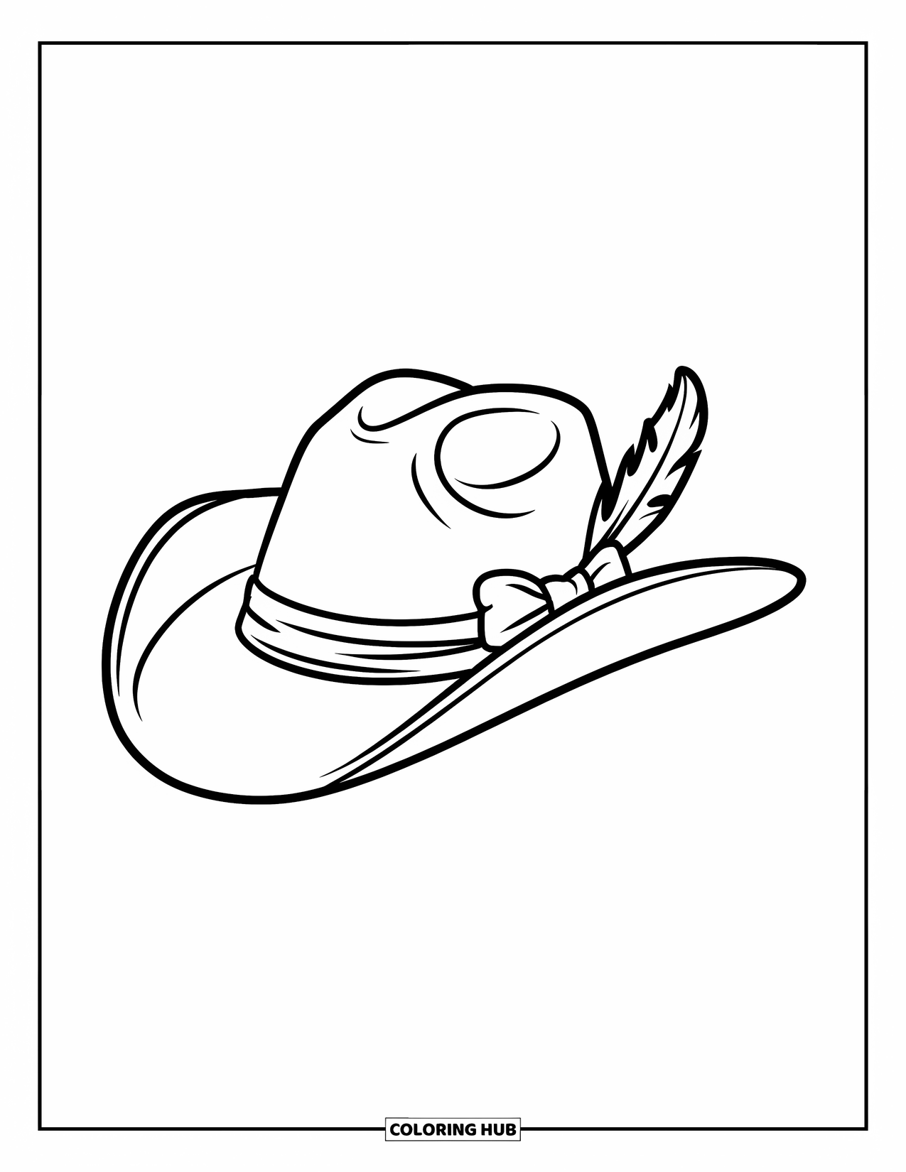 Cowboy Hat Preppy Coloring Page for Kids: A cowboy hat with a ribbon and feather tilts stylishly to the side