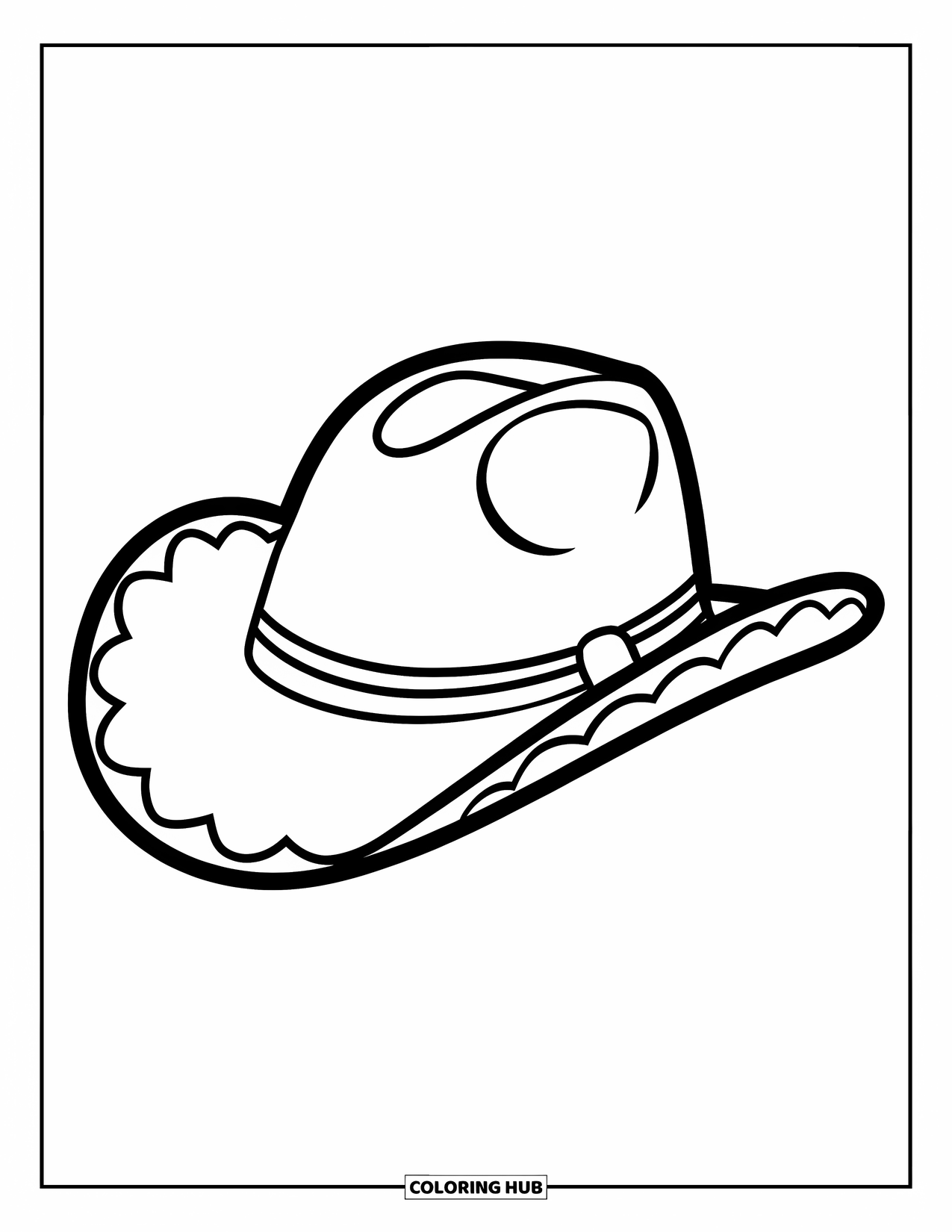 Cowboy Hat Preppy Coloring Page for Kids: A cowboy hat with a scalloped brim rests against a plain background