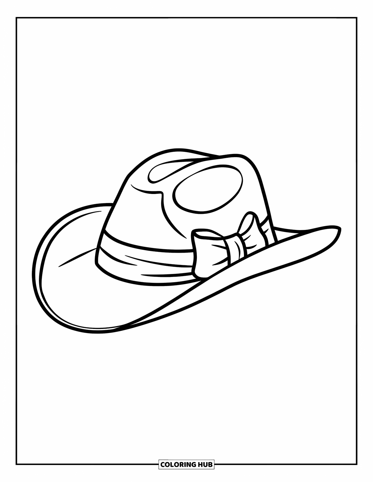 Cowboy Hat Preppy Coloring Page for Kids: A cowboy hat with a wide ribbon bow rests neatly on a plain background