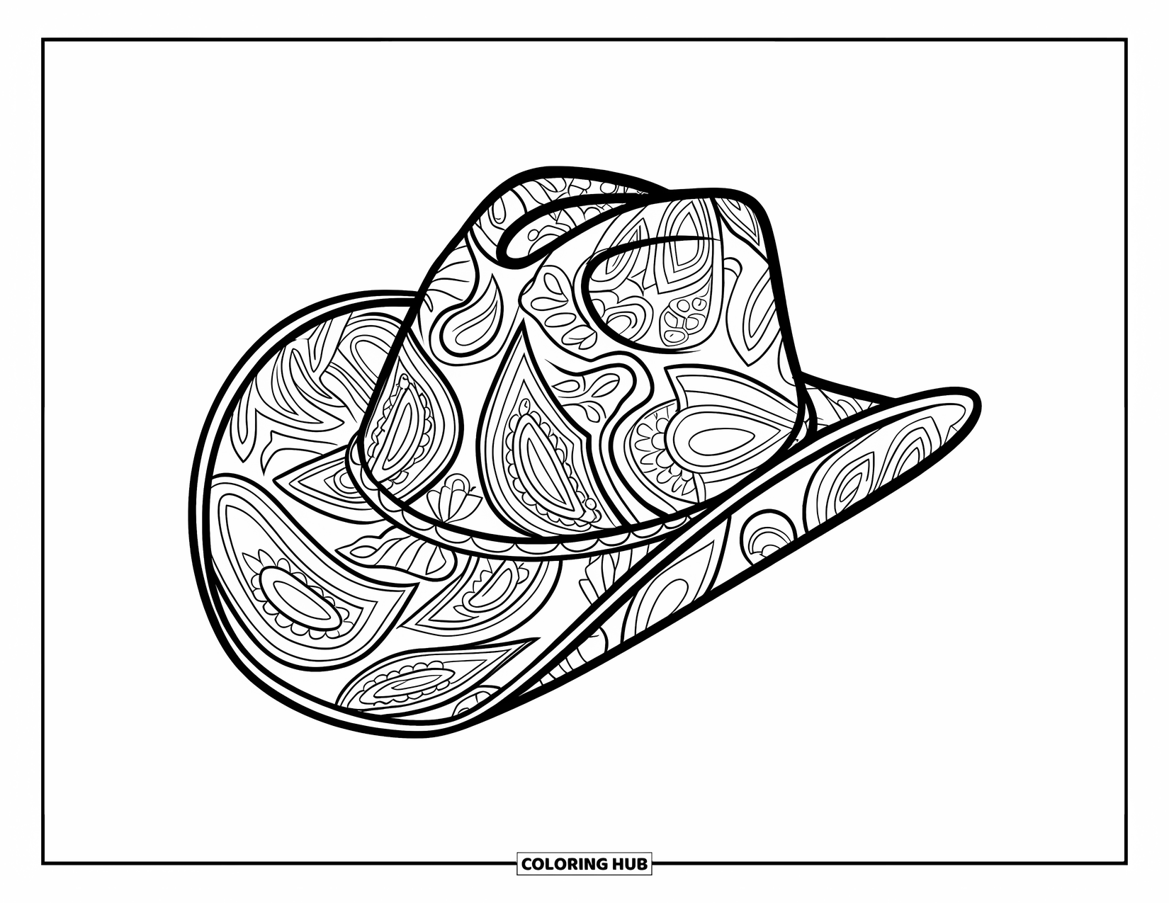 Cowboy Hat Preppy Coloring Page for Kids: A cowboy hat with bold paisley designs rests against a white background