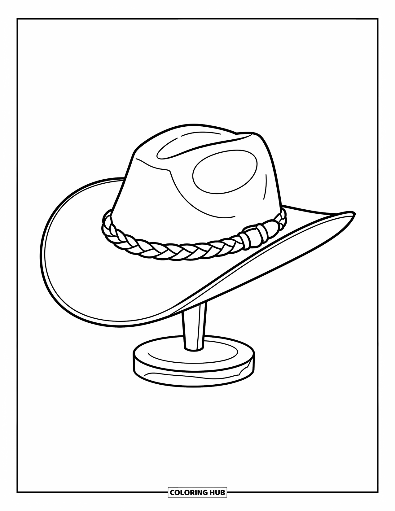 Cowboy Hat Preppy Coloring Page for Kids: A cowboy hat with braided rope band and buckle sits on a wooden stand