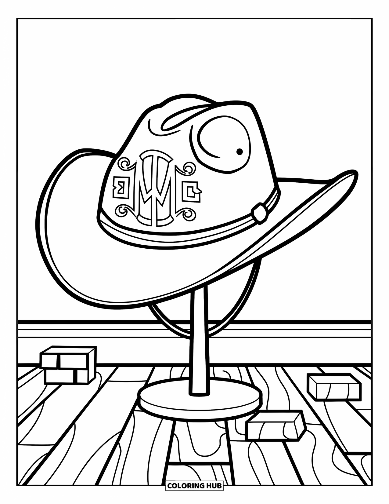 Cowboy Hat Preppy Coloring Page for Kids: A cowboy hat with embroidered initials stands on a floor with bricks nearby