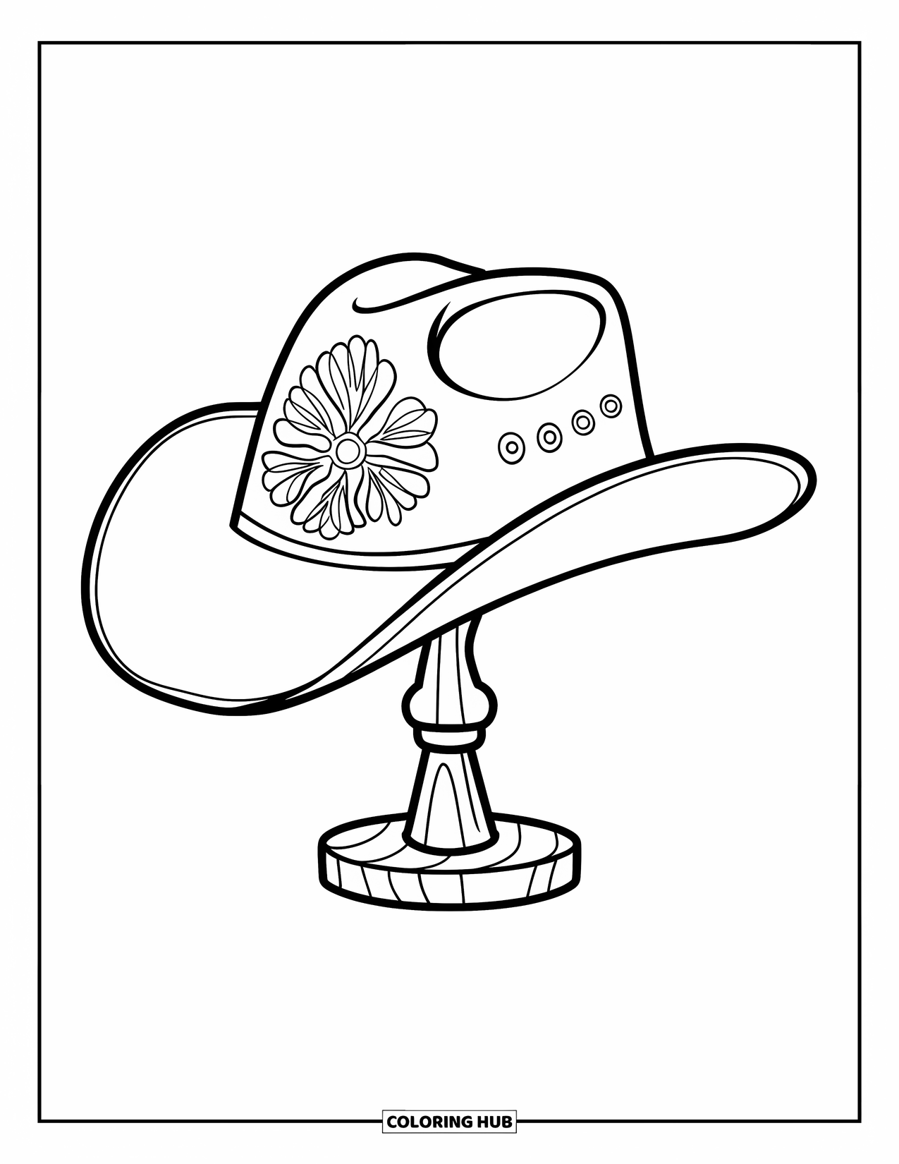 Cowboy Hat Preppy Coloring Page for Kids: A cowboy hat with floral embroidery is displayed on a wooden stand