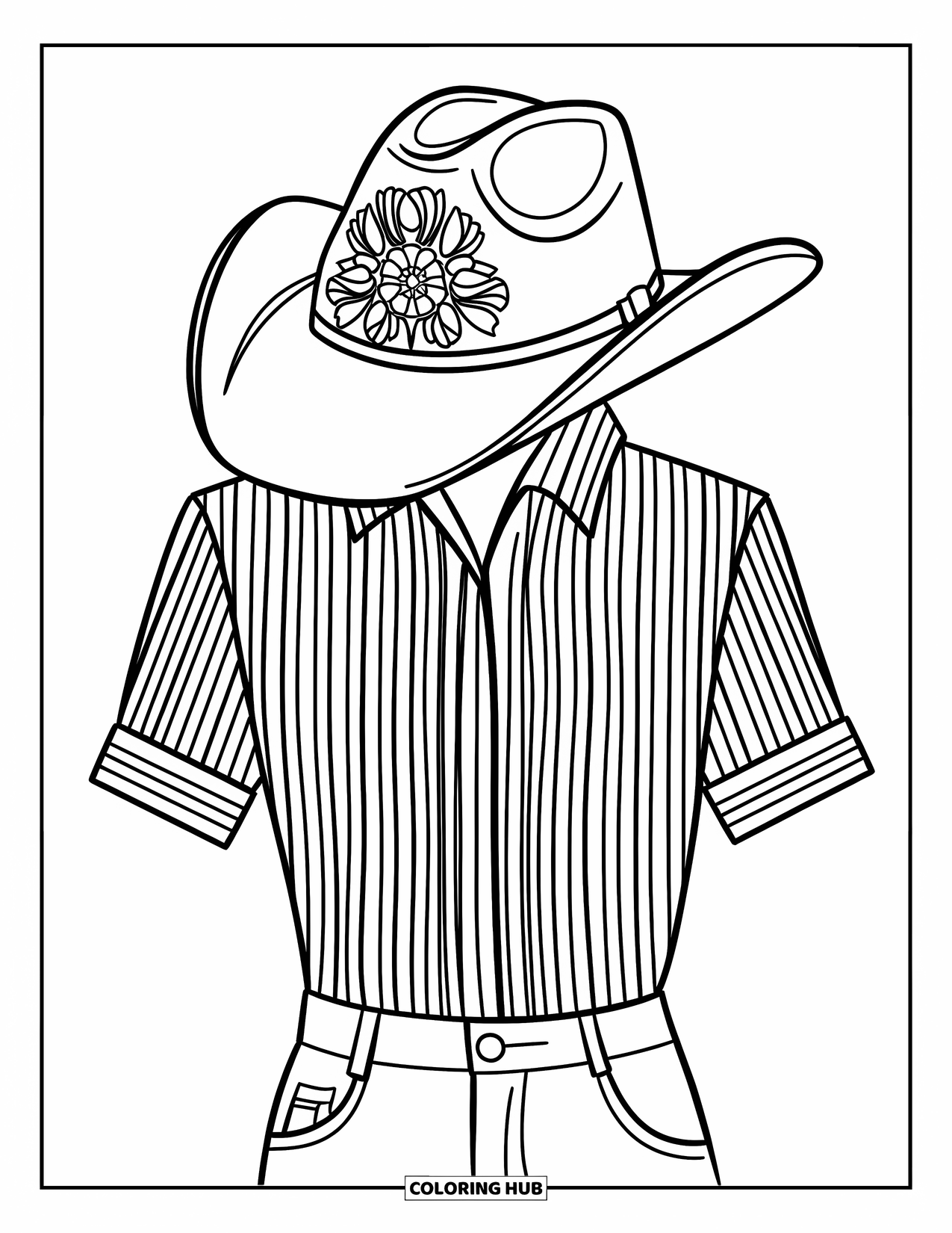 Cowboy Hat Preppy Coloring Page for Kids: A cowboy hat with floral embroidery is worn by a mannequin in preppy clothes