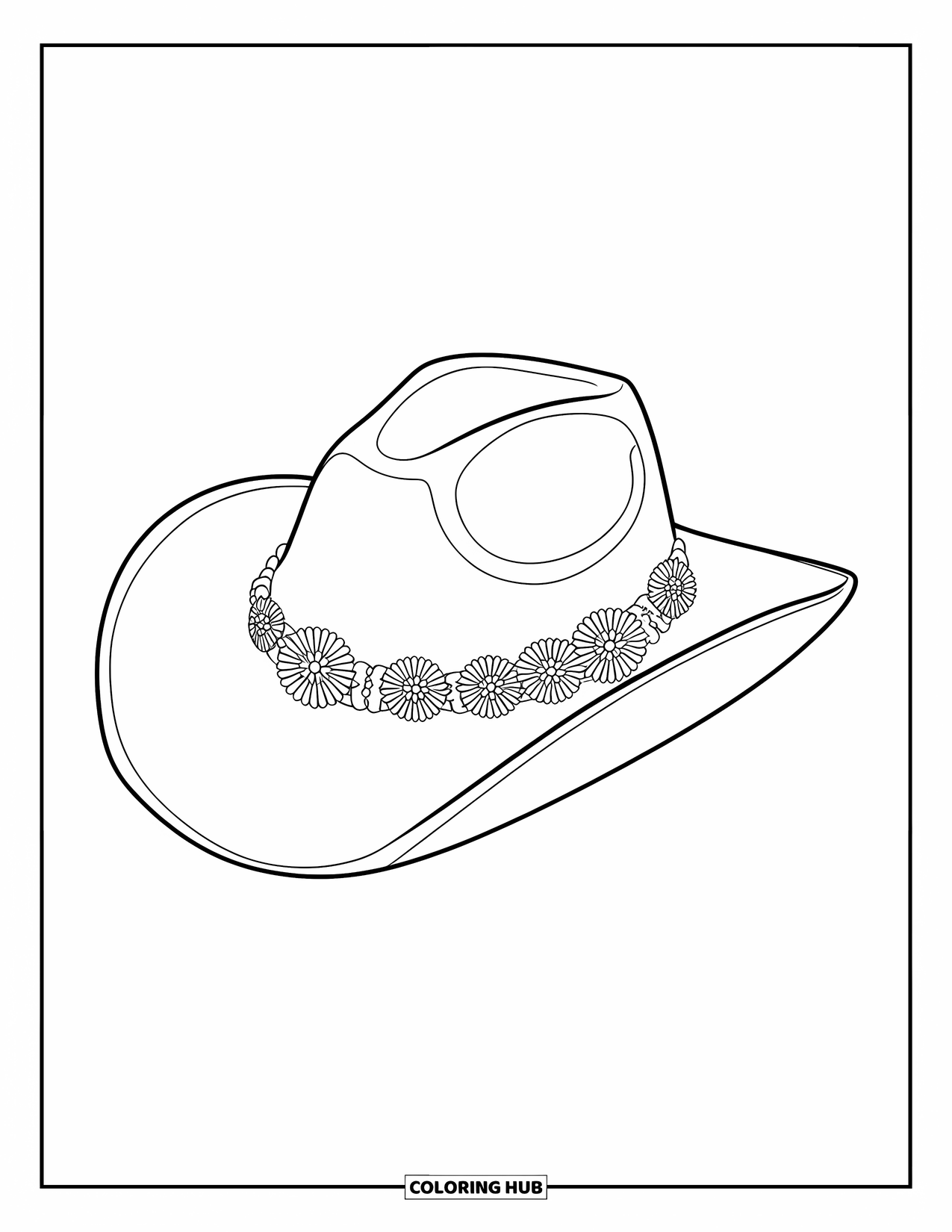 Cowboy Hat Preppy Coloring Page for Kids: A cowboy hat with intricate floral banding rests against a simple background