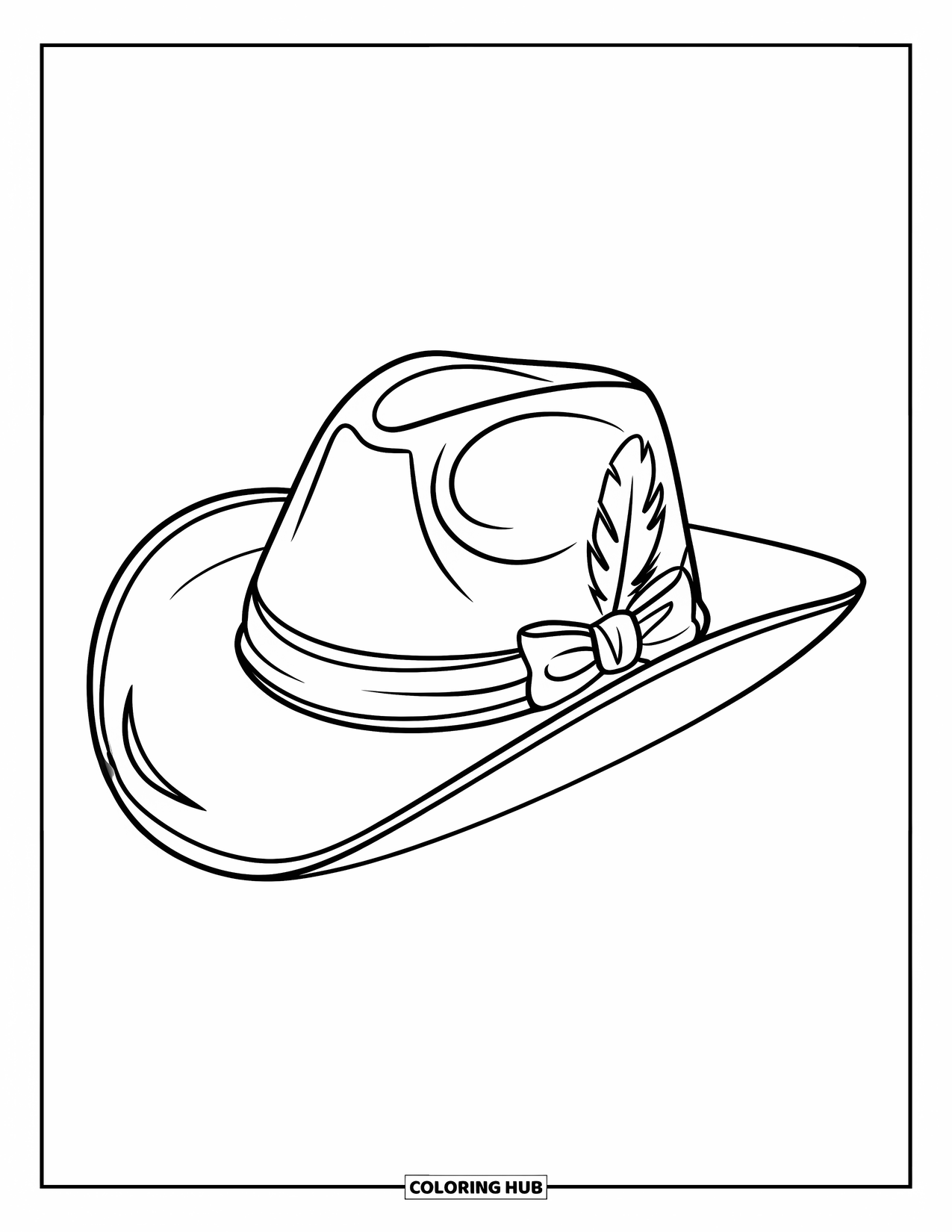 Cowboy Hat Preppy Coloring Page for Kids: A tilted cowboy hat features a ribbon and feather tucked in its band