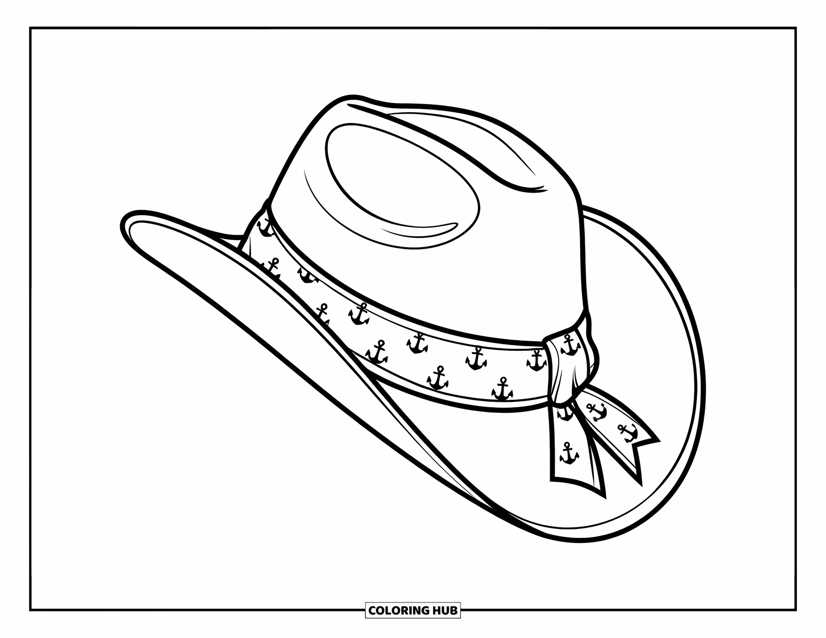 Cowboy Hat Preppy Coloring Page for Kids: A tilted cowboy hat features an anchor ribbon tied in a bow