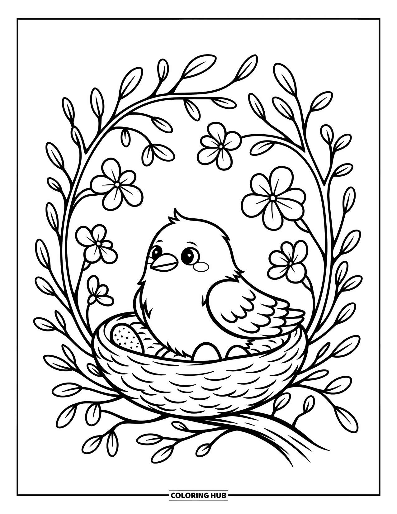 Crow Coloring Page for Adults: A baby crow rests in a flower-lined nest with two eggs on a blooming tree