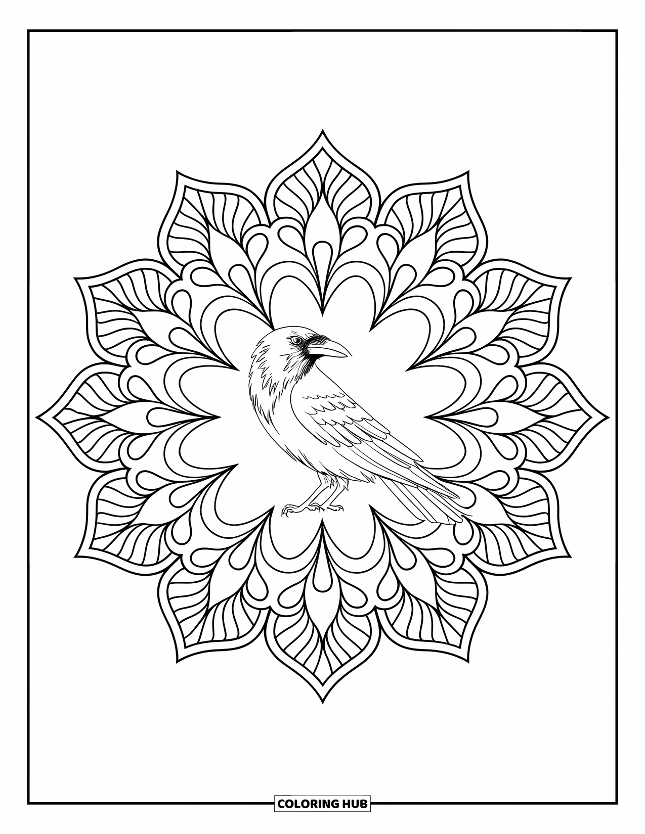 Crow Coloring Page for Adults: A calm crow rests at the center of floral mandala petals that radiate outward