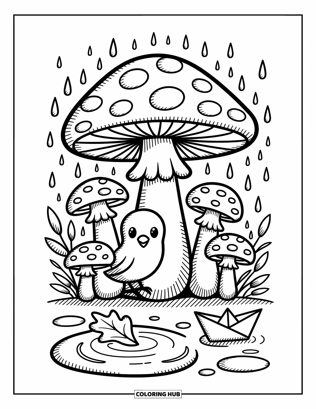 Crow Coloring Page for Adults: A cozy crow rests under a giant mushroom with puddles, leaves, and a paper boat