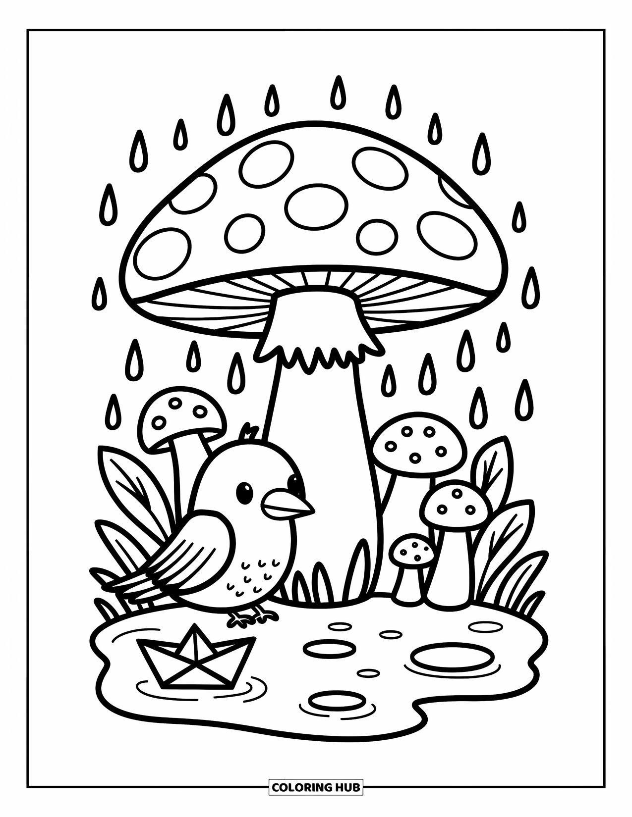 Crow Coloring Page for Adults: A cozy crow rests under a mushroom with rippling puddles and a paper boat nearby