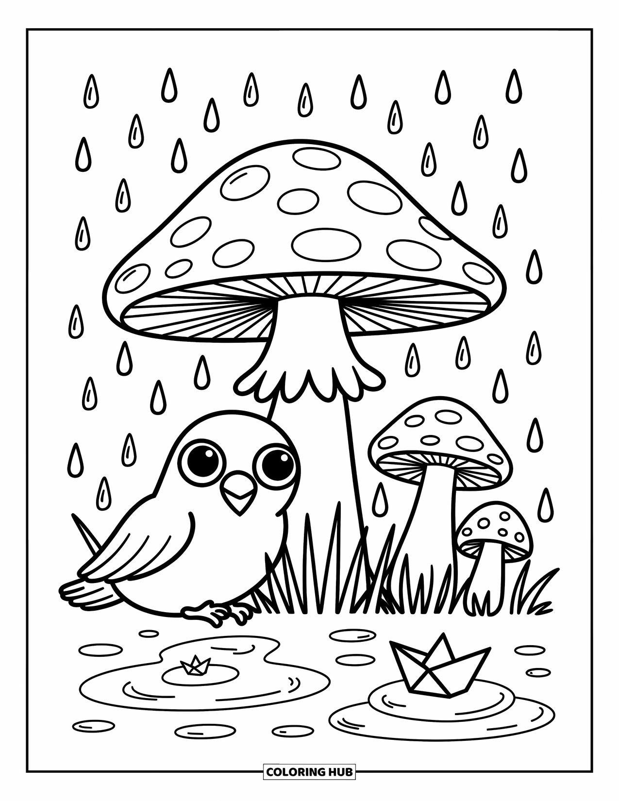 Crow Coloring Page for Adults: A crow curls under a mushroom, beside ripples, grass, and a floating paper boat