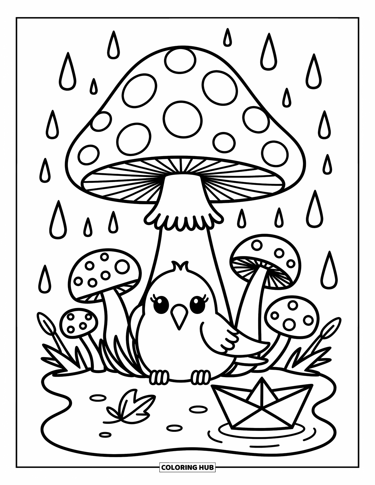 Crow Coloring Page for Adults: A crow huddles under a mushroom with tiny mushrooms, raindrops, and a paper boat